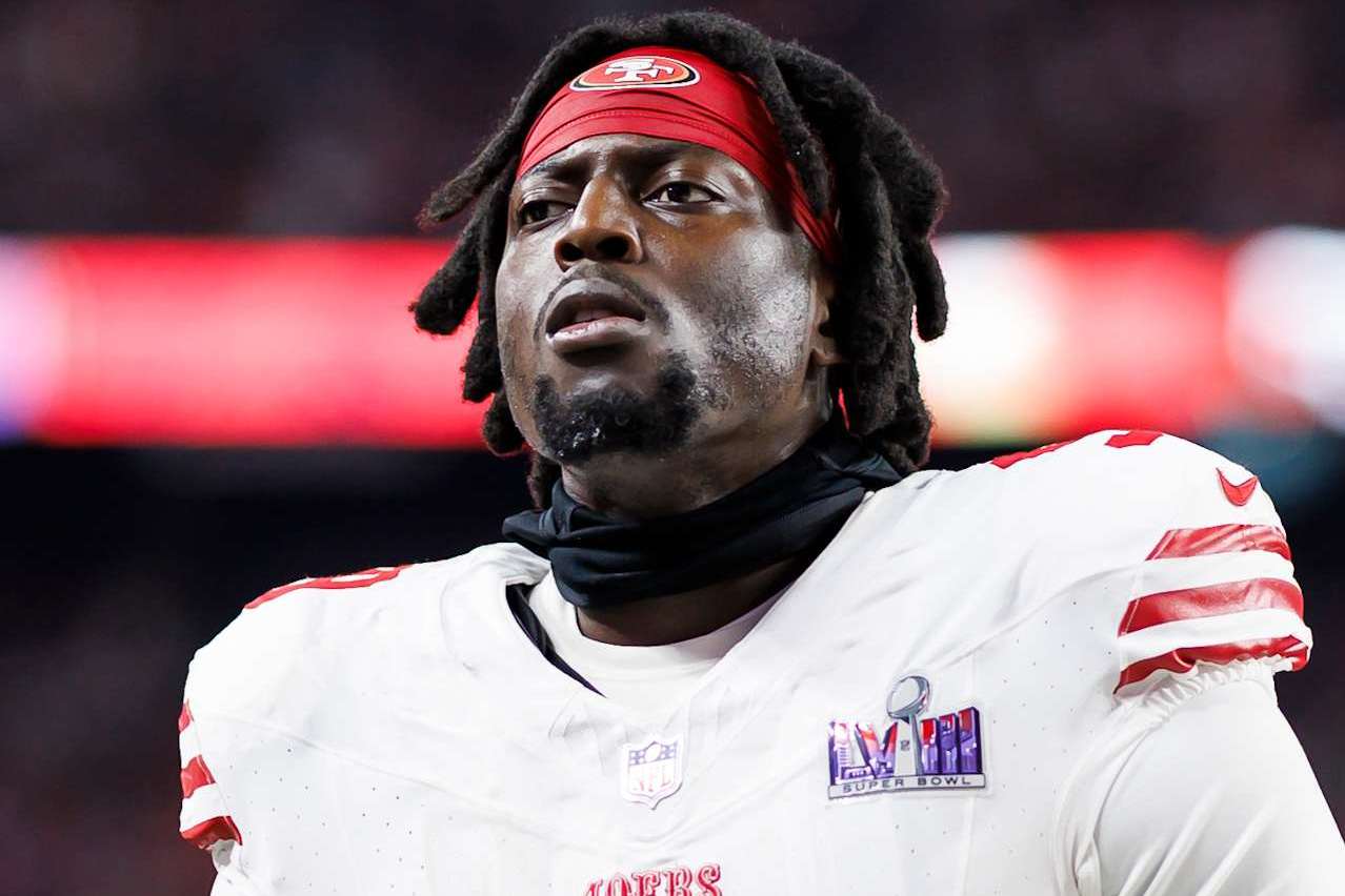 LAS VEGAS, NEVADA - FEBRUARY 11: Javon Kinlaw #99 of the San Francisco 49ers walks off the field during Super Bowl LVIII against the Kansas City Chiefs at Allegiant Stadium on February 11, 2024 in Las Vegas, Nevada. (Photo by Ryan Kang/Getty Images)