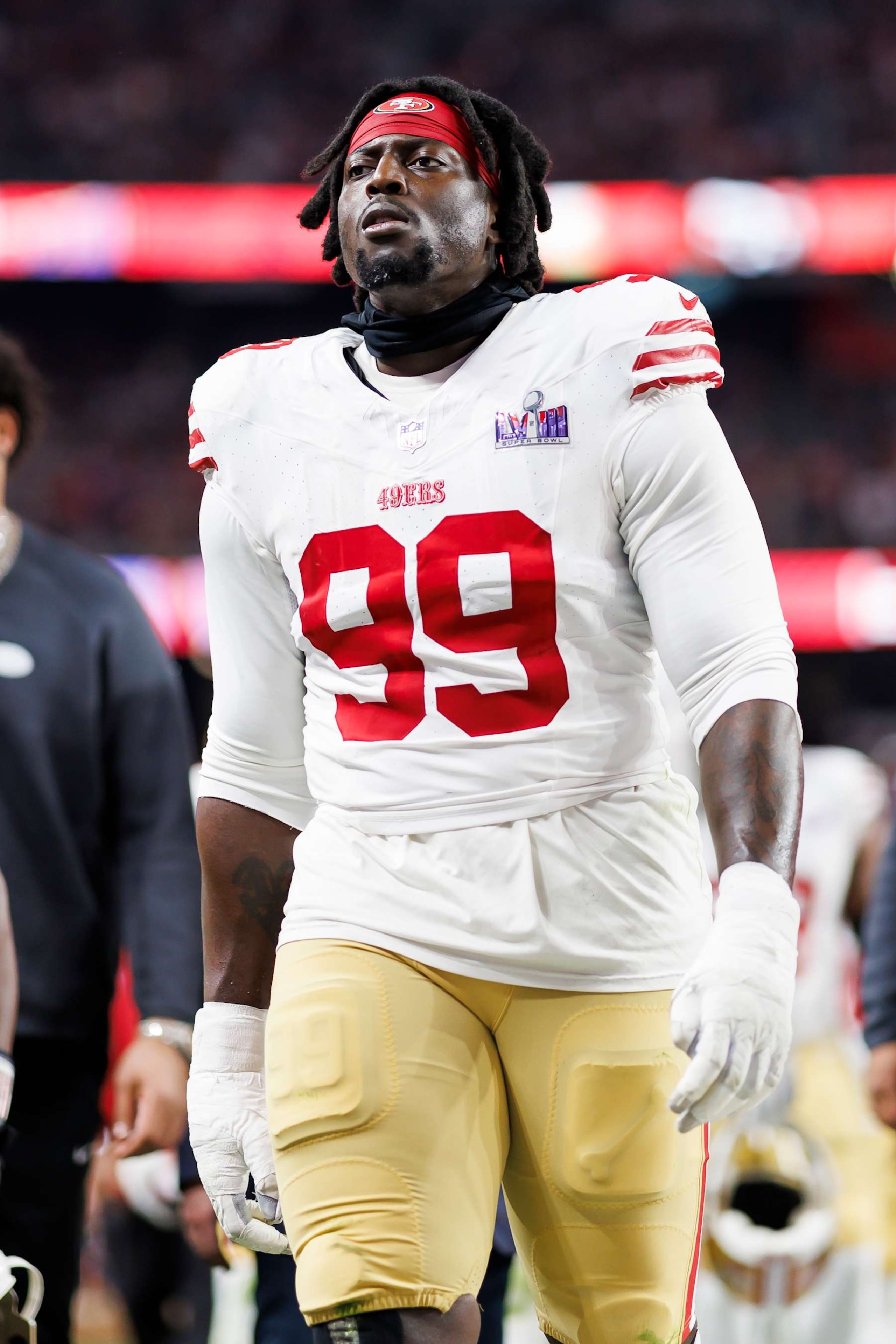 LAS VEGAS, NEVADA - FEBRUARY 11: Javon Kinlaw #99 of the San Francisco 49ers walks off the field during Super Bowl LVIII against the Kansas City Chiefs at Allegiant Stadium on February 11, 2024 in Las Vegas, Nevada. (Photo by Ryan Kang/Getty Images)