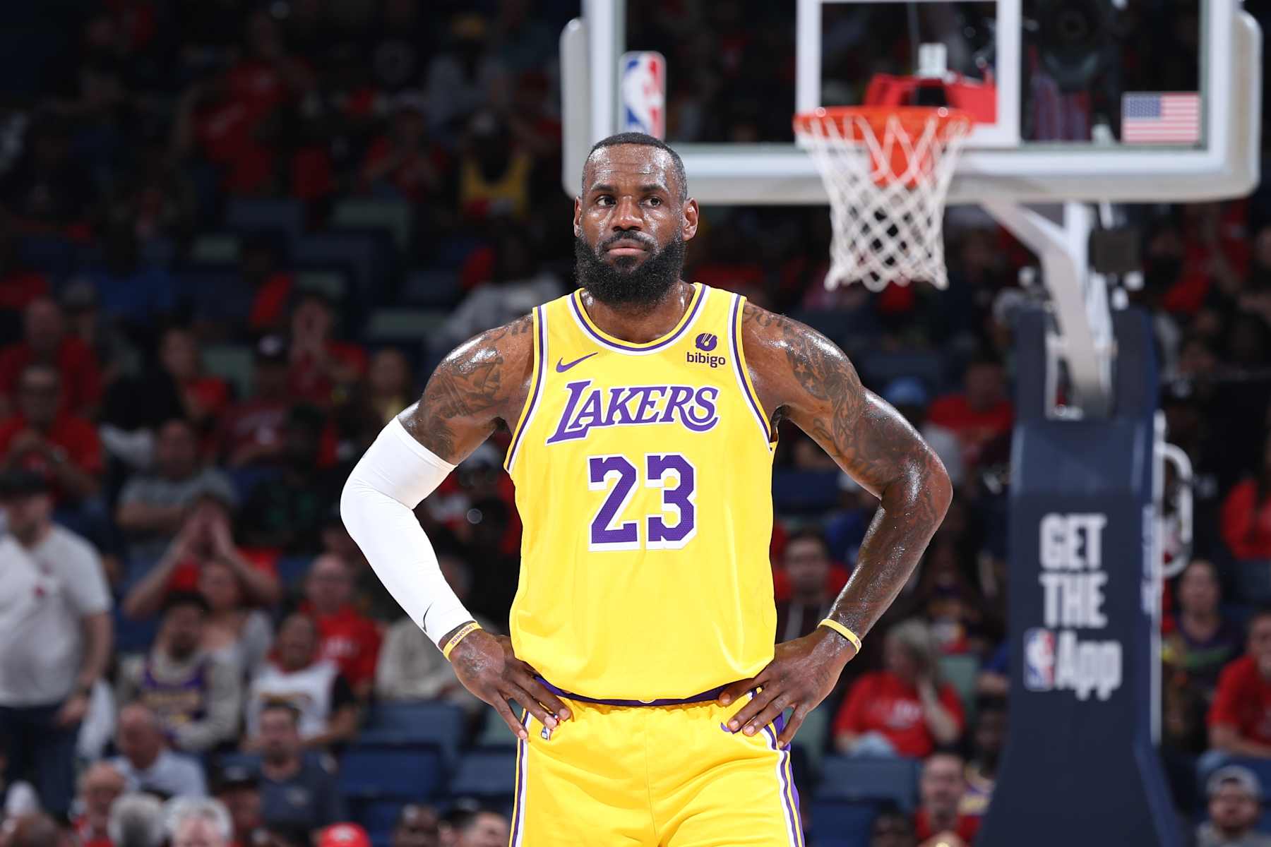 NEW ORLEANS, LA - APRIL 16: LeBron James #23 of the Los Angeles Lakers looks on during the game against the New Orleans Pelicans during the 2024 Play-In Tournament on April 16, 2024 at the Smoothie King Center in New Orleans, Louisiana. NOTE TO USER: User expressly acknowledges and agrees that, by downloading and or using this Photograph, user is consenting to the terms and conditions of the Getty Images License Agreement. Mandatory Copyright Notice: Copyright 2024 NBAE (Photo by Jeff Haynes/NBAE via Getty Images)
