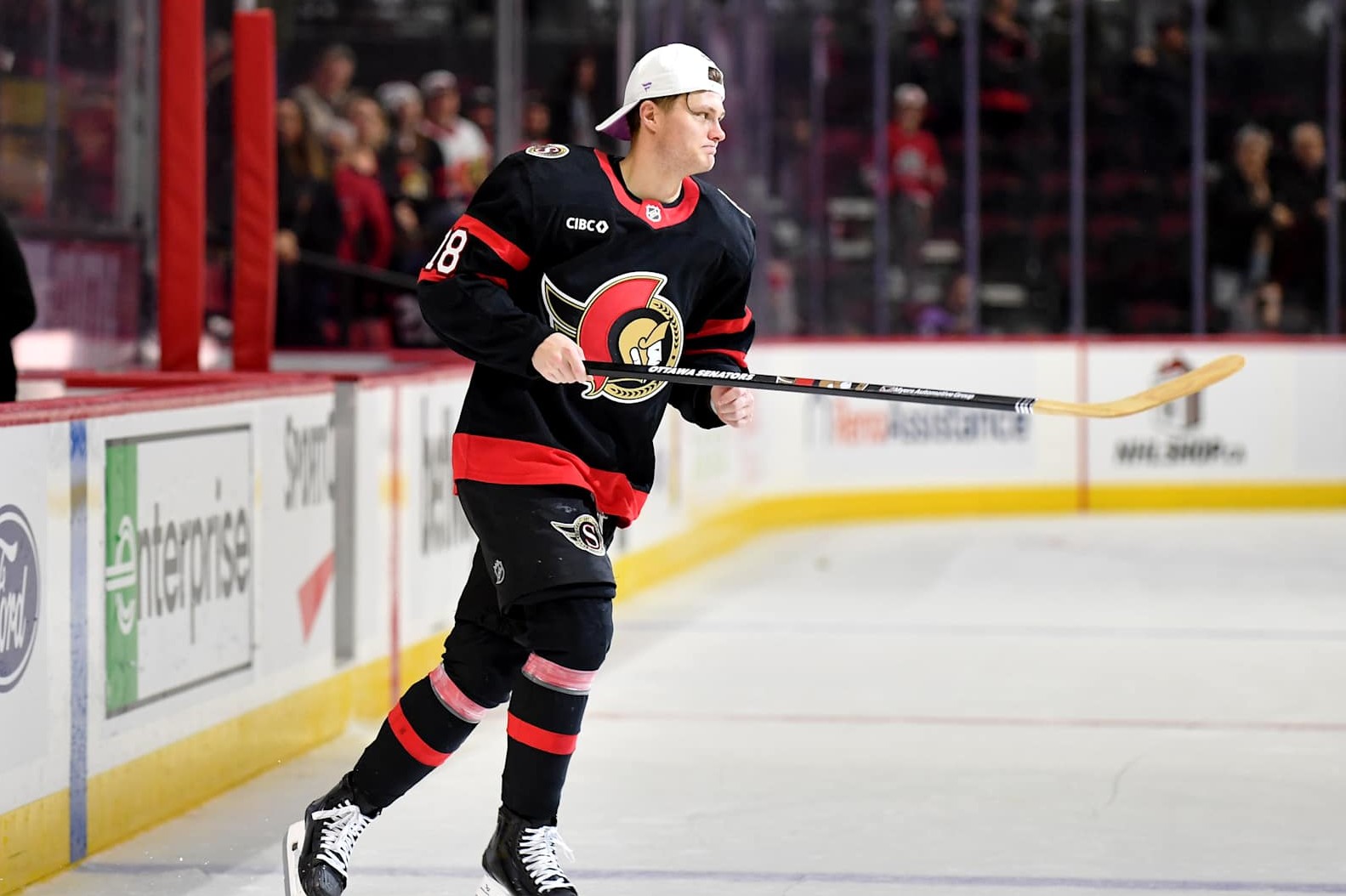 OTTAWA, ONTARIO - DECEMBER 07: Tim Stützle #18 of the Ottawa Senators skates onto the ice after being announced second star of the game in win over the Nashville Predators at Canadian Tire Centre on December 07, 2024 in Ottawa, Ontario. (Photo by Troy Parla/Getty Images)