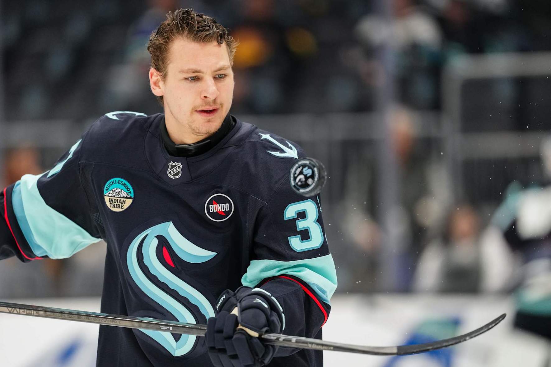 SEATTLE, WASHINGTON - JANUARY 02: Yanni Gourde #37 of the Seattle Kraken warms up ahead of a game against the Vancouver Canucks at Climate Pledge Arena on January 02, 2025 in Seattle, Washington. (Photo by Christopher Mast/NHLI via Getty Images)