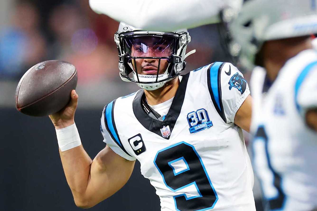 ATLANTA, GEORGIA - JANUARY 05: Bryce Young #9 of the Carolina Panthers looks to pass against the Atlanta Falcons during the second quarter at Mercedes-Benz Stadium on January 05, 2025 in Atlanta, Georgia. (Photo by Kevin C. Cox/Getty Images)