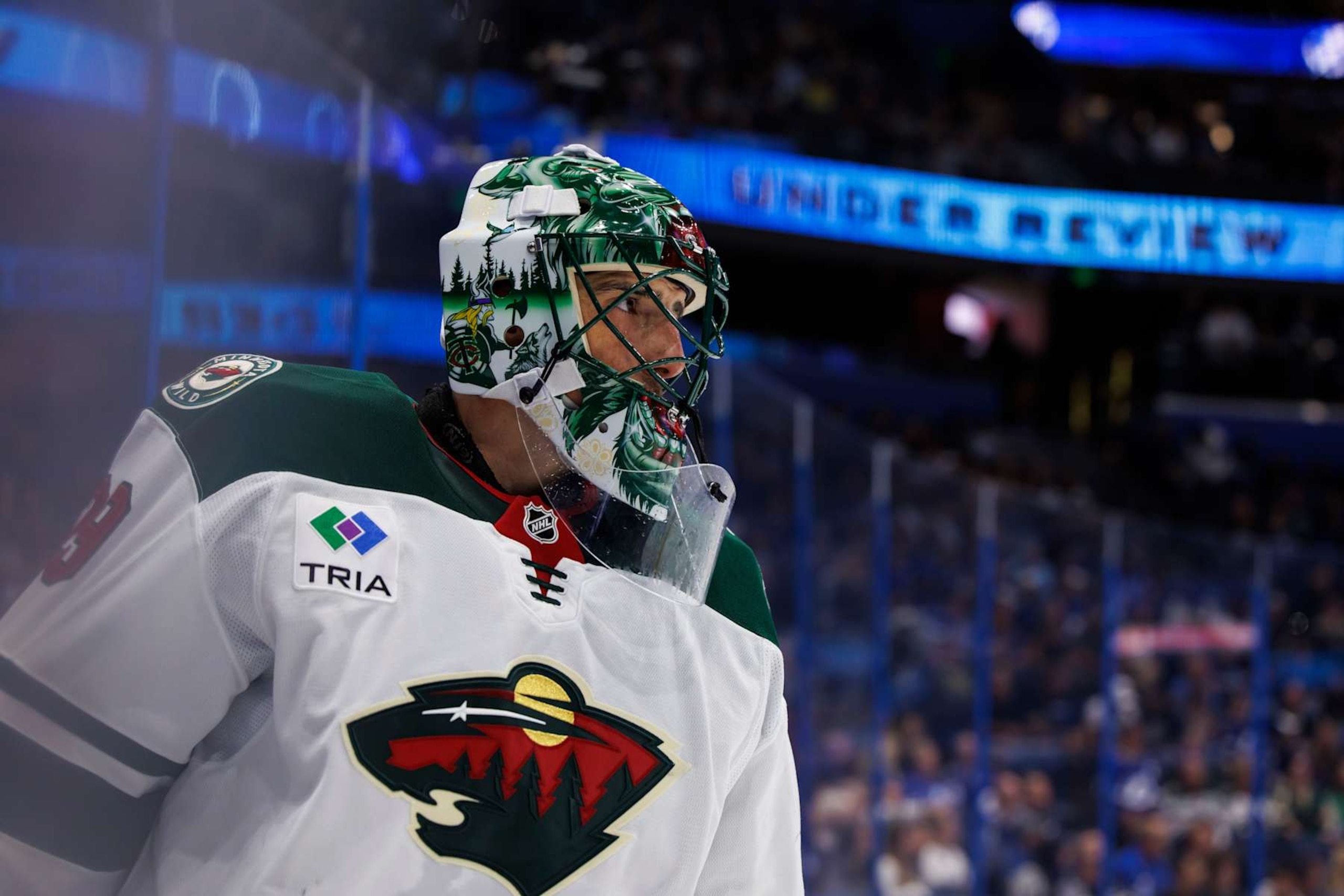TAMPA, FL - OCTOBER 24: Goalie Marc-Andre Fleury #29 of the Minnesota Wild skates against the Tampa Bay Lightning during the second period at Amalie Arena on October 24, 2024 in Tampa, Florida. (Photo by Mark LoMoglio/NHLI via Getty Images)
