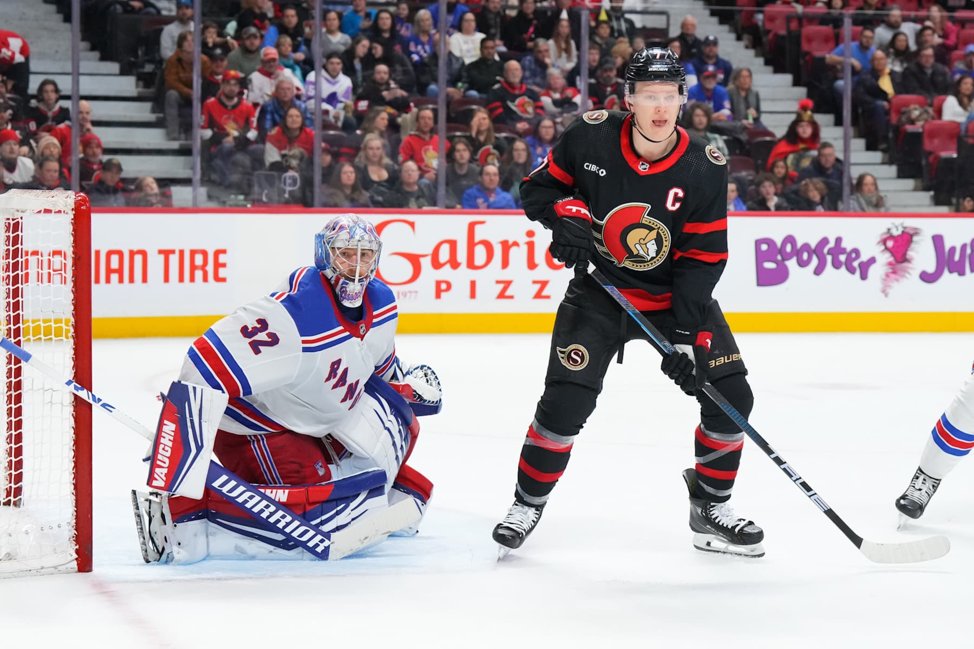 OTTAWA, CANADA - JANUARY 27: Jonathan Quick #32 of the New York Rangers tends net against Brady Tkachuk #7 of the Ottawa Senators during the third period at Canadian Tire Centre on January 27, 2024 in Ottawa, Ontario, Canada. (Photo by André Ringuette/NHLI via Getty Images) OTTAWA, CANADA - JANUARY 27: Jonathan Quick #32 of the New York Rangers tends net against Brady Tkachuk #7 of the Ottawa Senators during the third period at Canadian Tire Centre on January 27, 2024 in Ottawa, Ontario, Canada. (Photo by André Ringuette/NHLI via Getty Images)