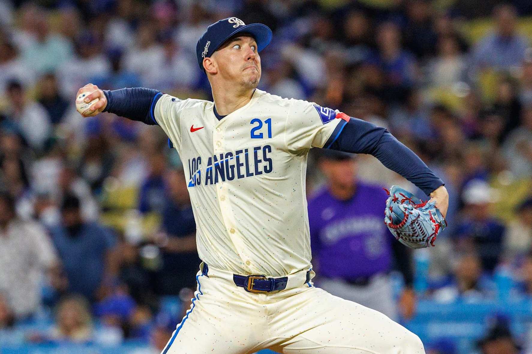 LOS ANGELES, CA - SEPTEMBER 21, 2024: Los Angeles Dodgers pitcher Walker Buehler (21) pitches to the Colorado Rockies in the fifth inning  at Dodgers Stadium  on September 21,  2024 in Los Angeles, California. (Gina Ferazzi / Los Angeles Times via Getty Images)