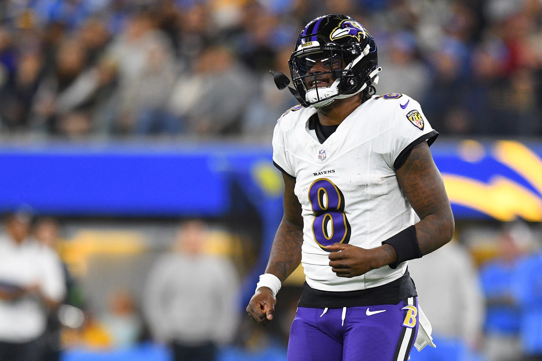 INGLEWOOD, CA - NOVEMBER 26: Baltimore Ravens quarterback Lamar Jackson (8) reacts to an incomplete pass during the NFL regular season game between the Baltimore Ravens and the Los Angeles Chargers on November 26, 2023, at SoFi Stadium in Inglewood, CA. (Photo by Brian Rothmuller/Icon Sportswire via Getty Images)