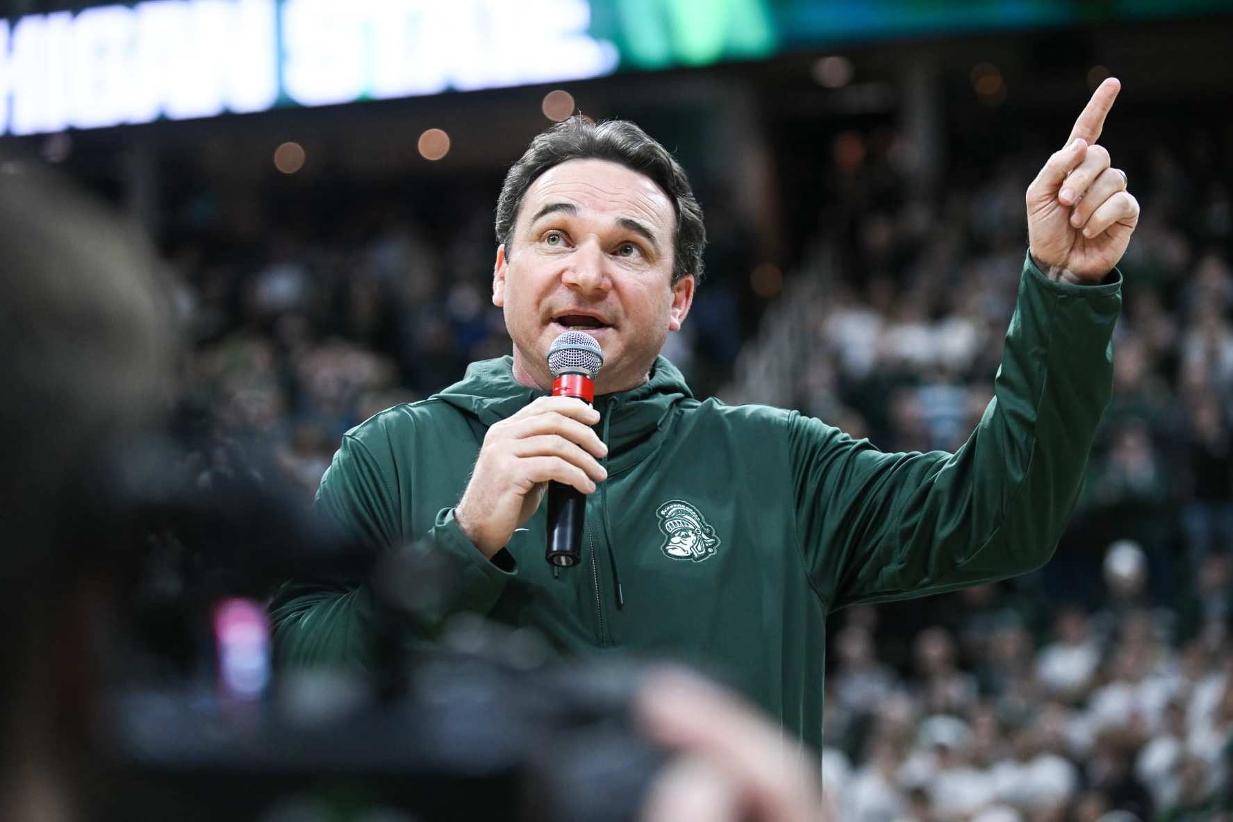 EAST LANSING, MI - NOVEMBER 28: Newly hired Michigan State head coach Jonathan Smith addresses the crowd during a college basketball game between the Michigan State Spartans and Georgia Southern Eagles on November 28, 2023 at the Breslin Center in East Lansing, MI. (Photo by Adam Ruff/Icon Sportswire via Getty Images)
