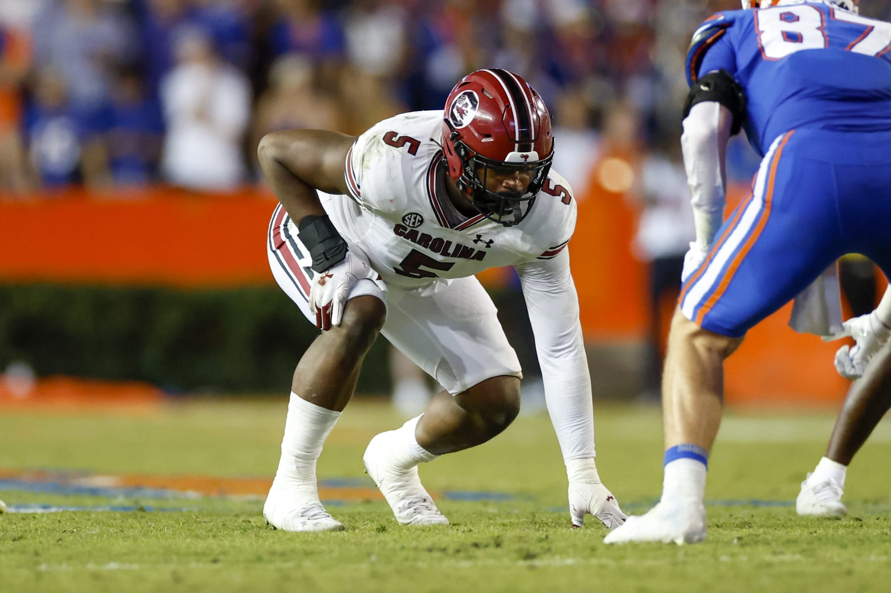GAINESVILLE, FL - NOVEMBER 12: South Carolina Gamecocks linebacker Jordan Burch (5) through the game between the South Carolina Gamecocks and the Florida Gators on November 12, 2022 at Ben Hill Griffin Stadium at Florida Field in Gainesville, Fl. (Photo by David Rosenblum/Icon Sportswire by project of Getty Pictures)