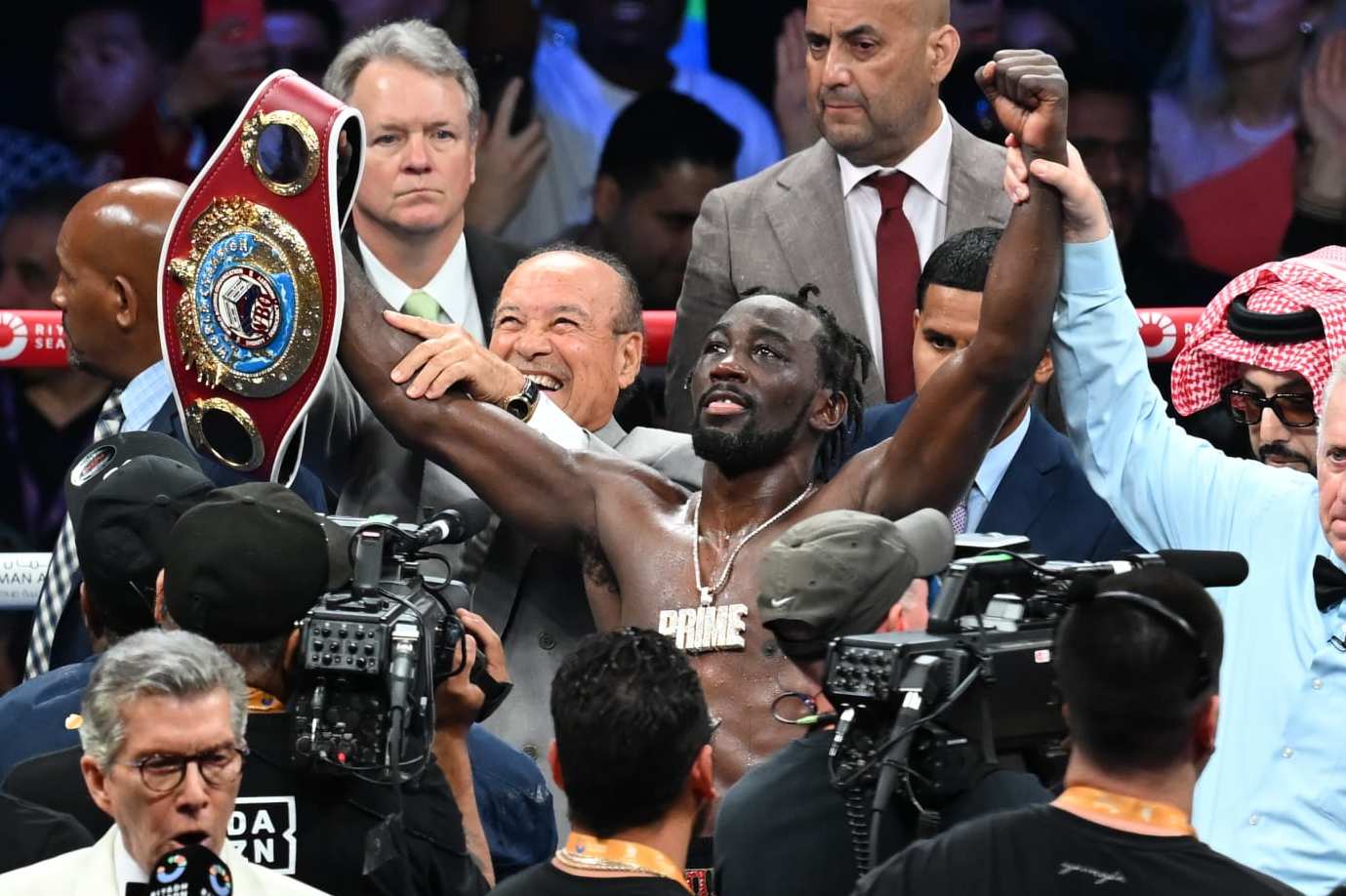 LOS ANGELES, CALIFORNIA - AUGUST 03: Terence Crawford 'Bud' from Omaha, Nebraska celebrates his victory after his match with Israil Madrimov ''The Dream' (not seen) from Uzbekistan at their WBA World WBO Interim title of the Premiere Boxing Championship during Riyadh Season on Saturday night at the BMO Stadium in Los Angeles, California United States on August 03, 2024. (Photo by Tayfun Coskun/Anadolu via Getty Images)