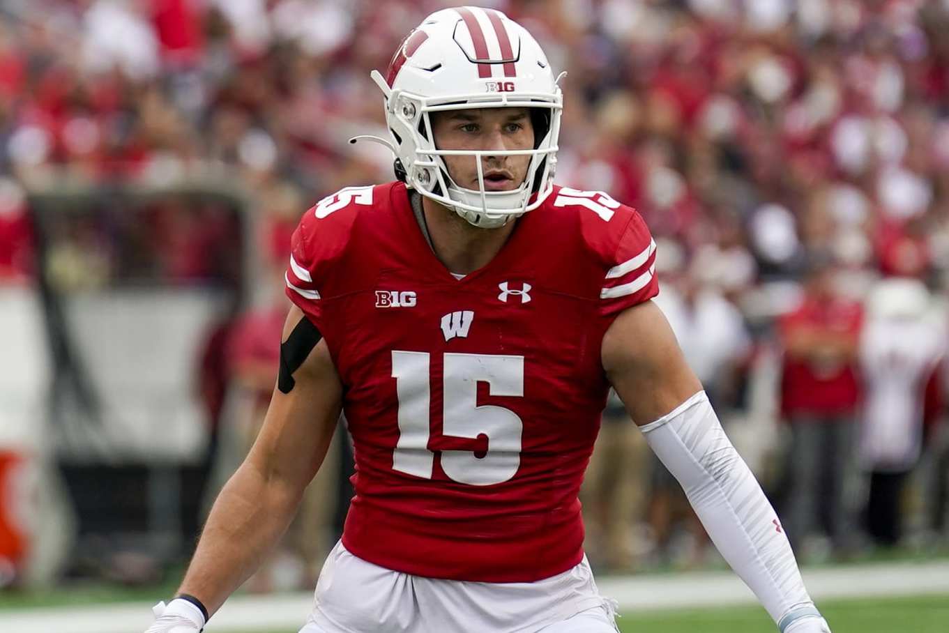 Wisconsin safety John Torchio (15) during first half of an NCAA football game against Washington State on Saturday, Sept. 10, 2022, in Madison, Wis. (AP Photo/Andy Manis)