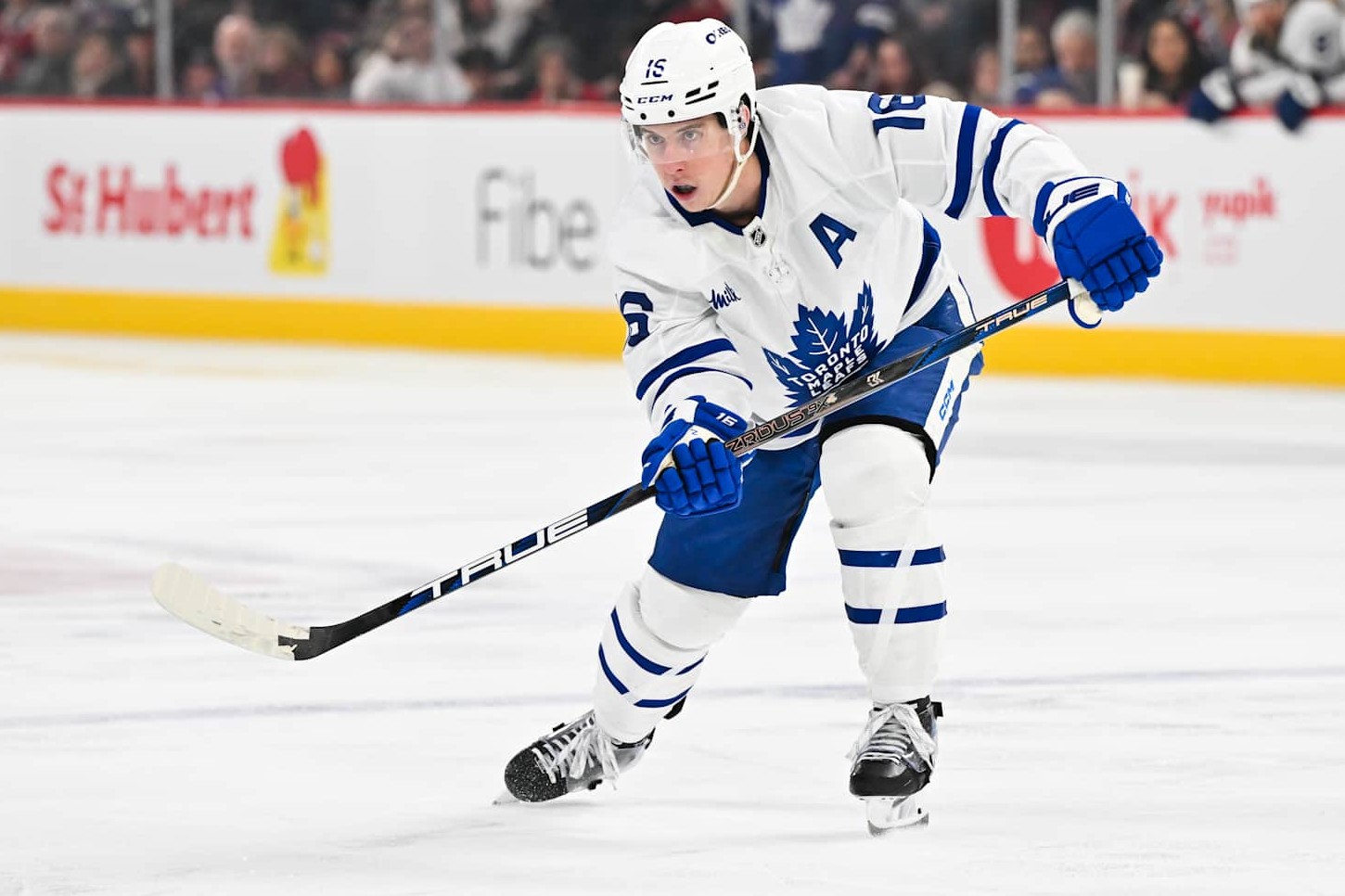 MONTREAL, CANADA - JANUARY 18: Mitch Marner #16 of the Toronto Maple Leafs skates during the third period against the Montreal Canadiens at the Bell Centre on January 18, 2025 in Montreal, Quebec, Canada. The Toronto Maple Leafs defeated the Montreal Canadiens 7-3. (Photo by Minas Panagiotakis/Getty Images)