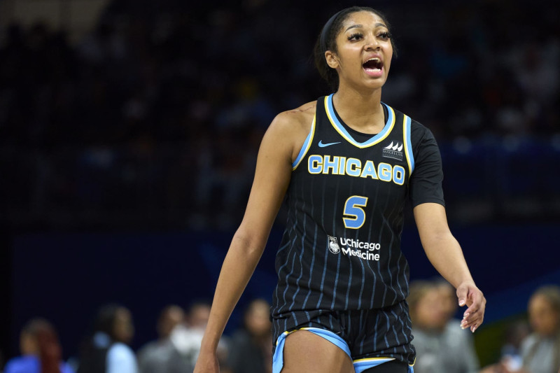 ARLINGTON, TEXAS - MAY 15: Angel Reese #5 of the Chicago Sky reacts after a play against the Dallas Wings at the College Park Center on May 15, 2024 in Arlington, Texas. NOTE TO USER: User expressly acknowledges and agrees that, by downloading and or using this photograph, User is consenting to the terms and conditions of the Getty Images License Agreement. (Photo by Cooper Neill/Getty Images)