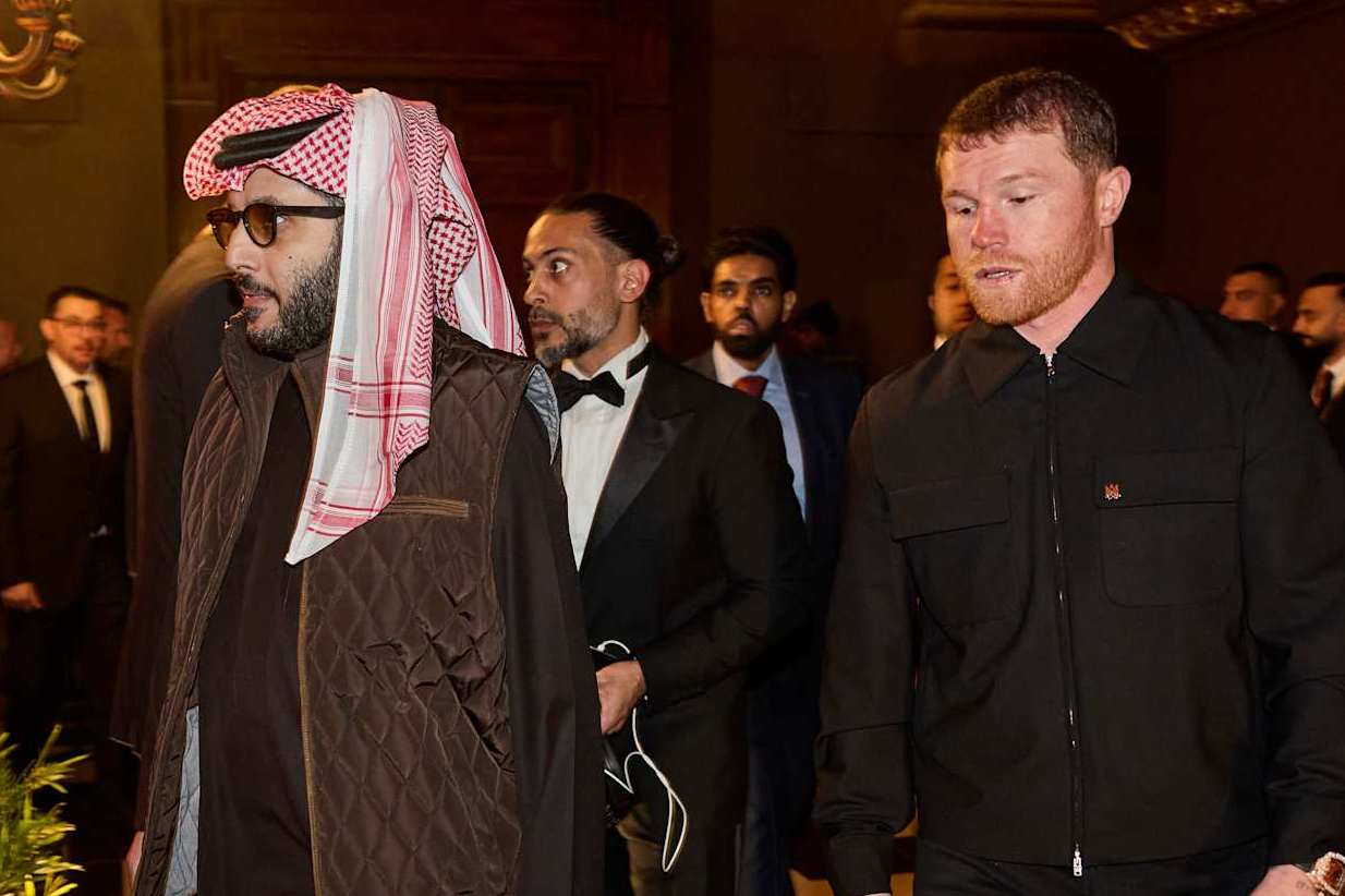 LONDON, ENGLAND - JANUARY 11: His Excellence Turki Alalshikh and Canelo Alvarez at the Ring Magazine Awards event at the Old Royal Naval College on January 11, 2025 in London, England. (Photo by Mark Robinson/Getty Images)
