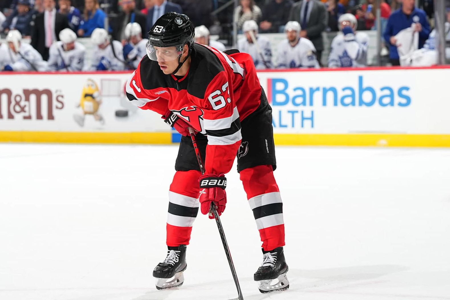 NEWARK, NJ - DECEMBER 10: Jesper Bratt #63 of the New Jersey Devils skates in the first period of the game against the Toronto Maple Leafs at the Prudential Center on December 10, 2024 in Newark, New Jersey. (Photo by Rich Graessle/NHLI via Getty Images)