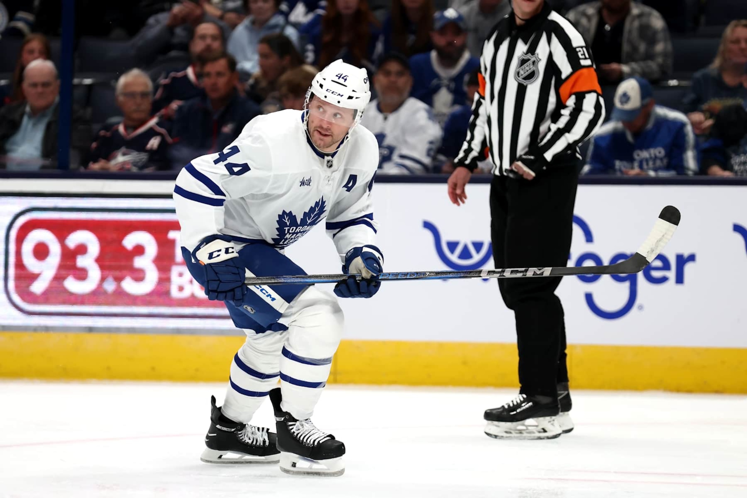 COLUMBUS, OHIO - OCTOBER 22:  Morgan Rielly #44 of the Toronto Maple Leafs skates after the puck during the game against the Columbus Blue Jackets at Nationwide Arena on October 22, 2024 in Columbus, Ohio. (Photo by Kirk Irwin/NHLI via Getty Images)