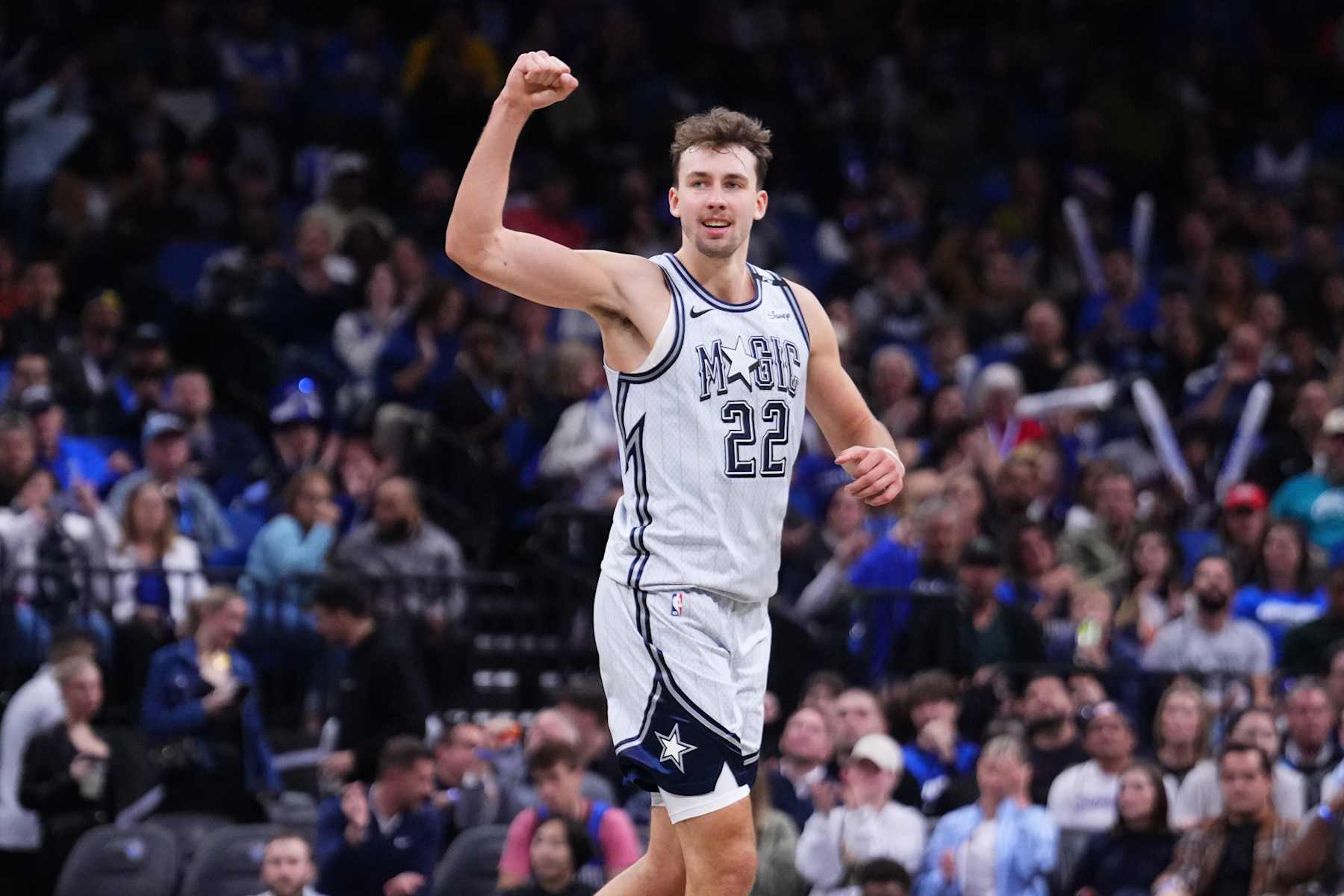 ORLANDO, FLORIDA - NOVEMBER 23: Franz Wagner #22 of the Orlando Magic reacts during the third quarter against the Detroit Pistons at Kia Center on November 23, 2024 in Orlando, Florida. NOTE TO USER: User expressly acknowledges and agrees that, by downloading and/or using this photograph, user is consenting to the terms and conditions of the Getty Images License Agreement. (Photo by Rich Storry/Getty Images)