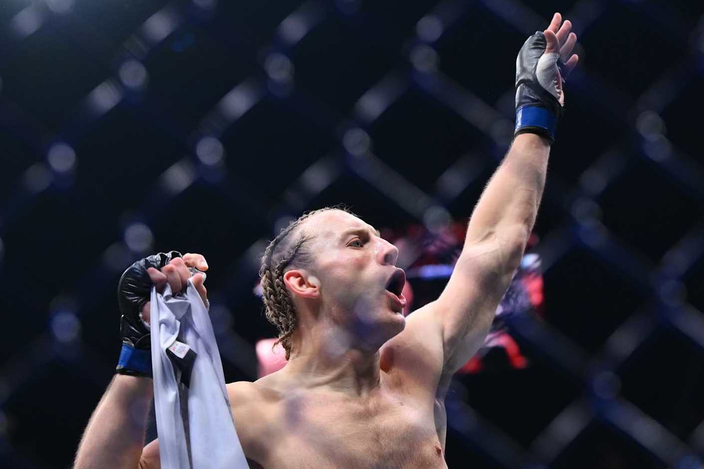 MANCHESTER, ENGLAND - JULY 28: Paddy Pimblett of England celebrates his victory against King Green of the U.S. in a lightweight bout during the UFC 304 event at Co-op Live on July 28, 2024 in Manchester, England. (Photo by Ben Roberts Photo/Getty Images)
