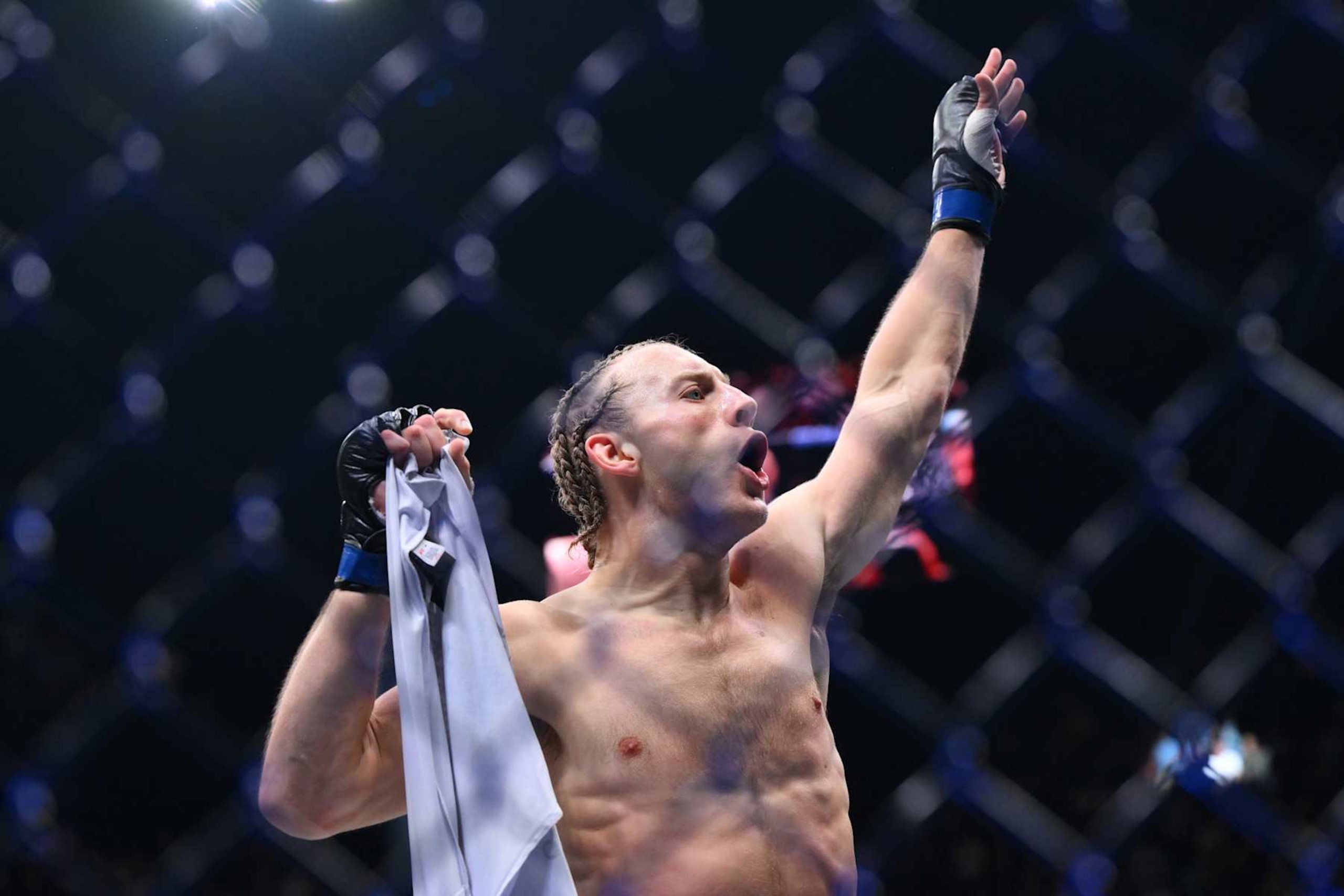 MANCHESTER, ENGLAND - JULY 28: Paddy Pimblett of England celebrates his victory against King Green of the U.S. in a lightweight bout during the UFC 304 event at Co-op Live on July 28, 2024 in Manchester, England. (Photo by Ben Roberts Photo/Getty Images)