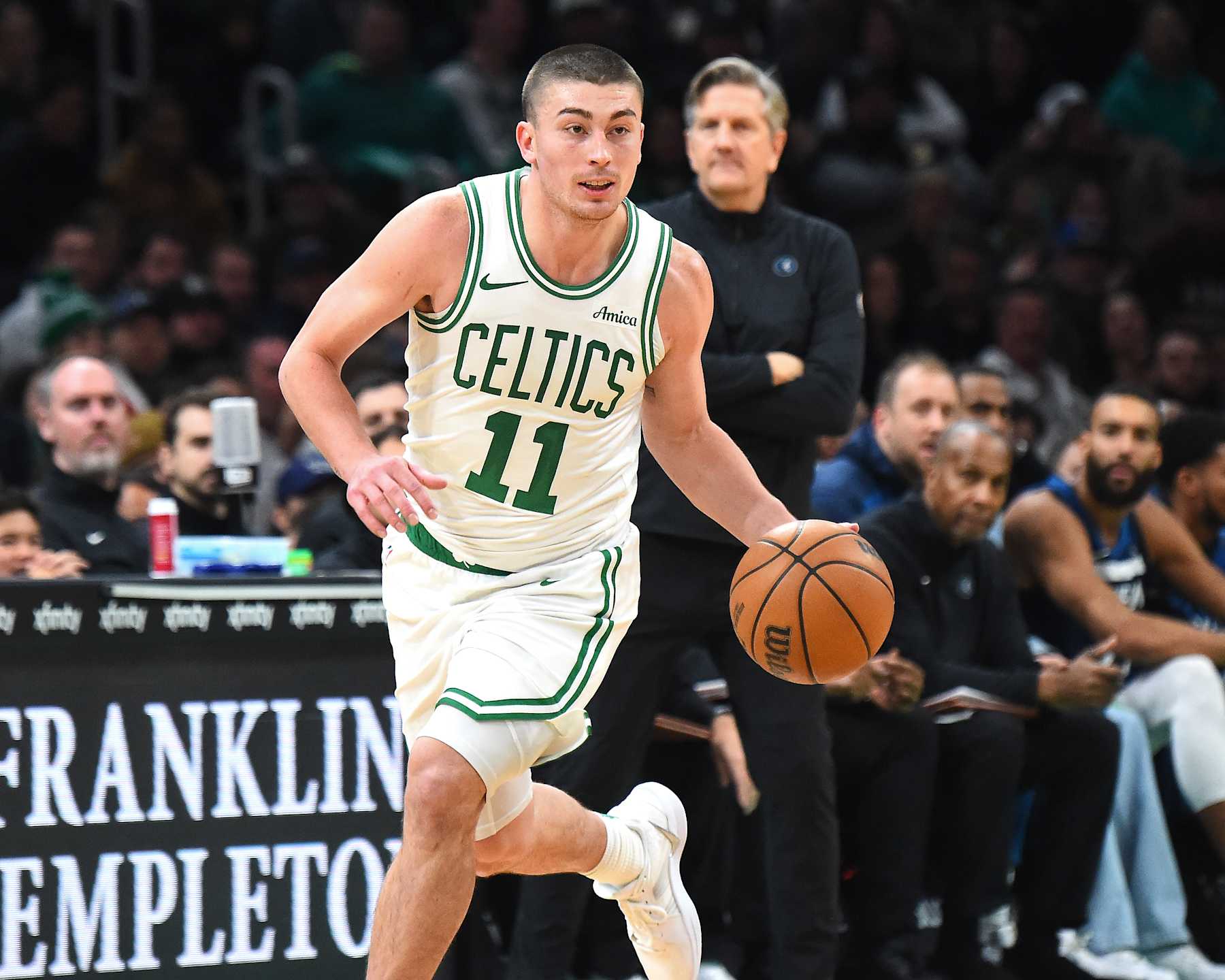 BOSTON, MA - NOVEMBER 24: Payton Pritchard #11 of the Boston Celtics brings the ball up court during the game against the Minnesota Timberwolves on November 24, 2024 at the TD Garden in Boston, Massachusetts. NOTE TO USER: User expressly acknowledges and agrees that, by downloading and or using this photograph, User is consenting to the terms and conditions of the Getty Images License Agreement. Mandatory Copyright Notice: Copyright 2024 NBAE(Photo by Brian Babineau/NBAE via Getty Images)