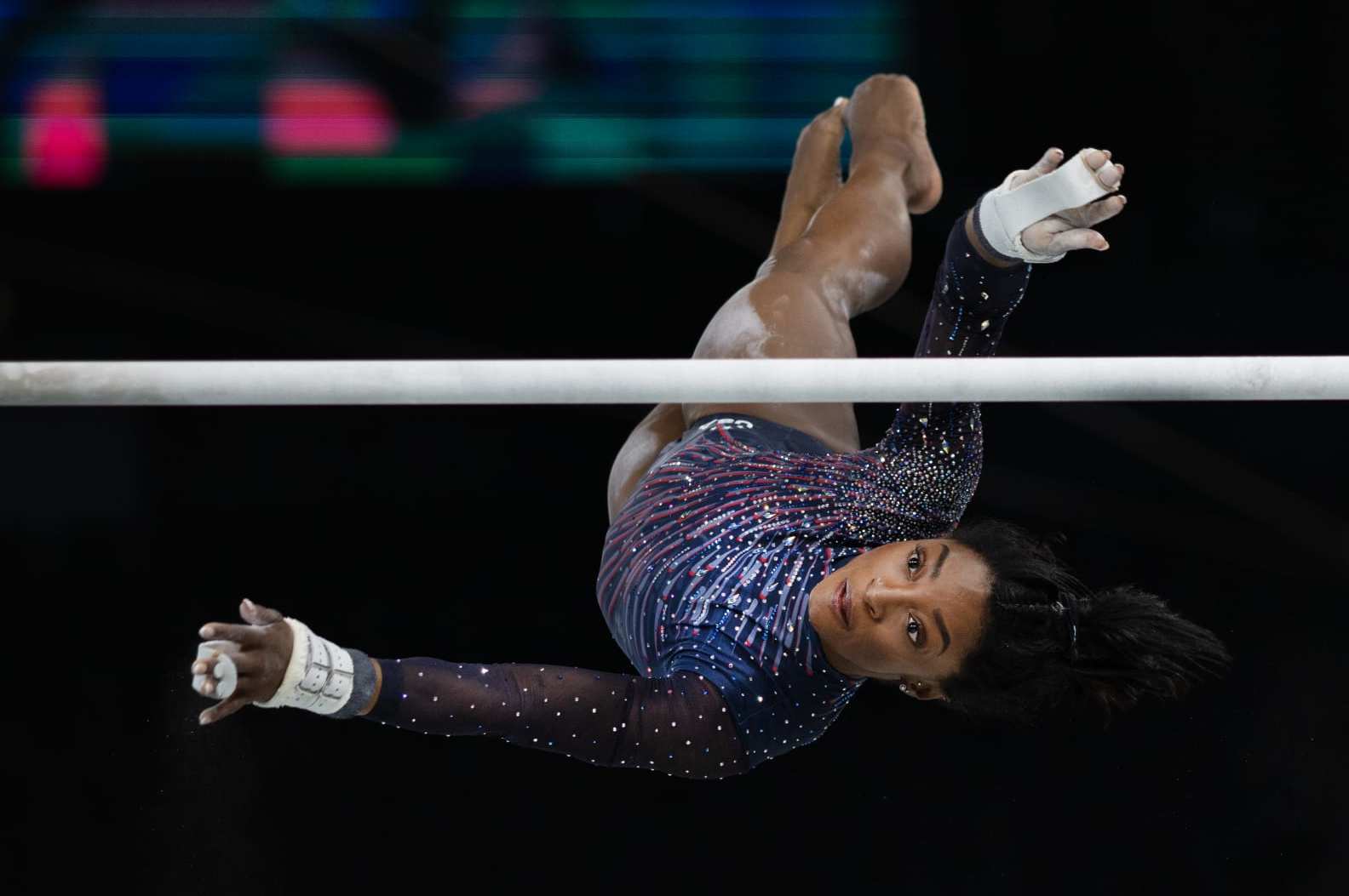 PARIS, FRANCE: JULY 25: Simone Biles of the United States performs her uneven bars routine during Artistic Gymnastics podium training at the Bercy Arena, in preparation for the Paris 2024 Summer Olympic Games on July 25th, 2024 in Paris, France. (Photo by Tim Clayton/Corbis via Getty Images)