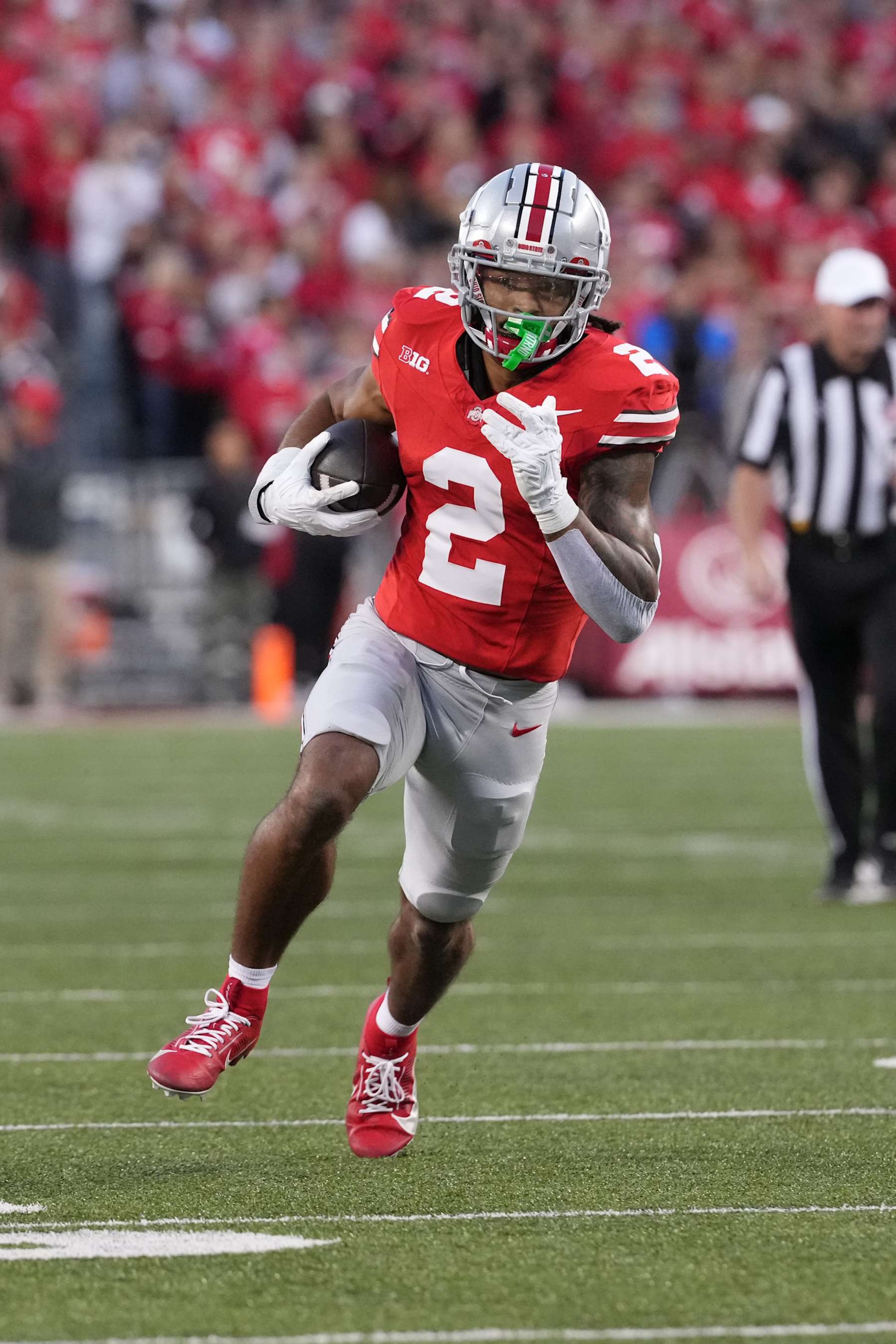 COLUMBUS, OHIO - SEPTEMBER 07: Wide receiver Emeka Egbuka #2 of the Ohio State Buckeyes in action during the game against the Western Michigan Broncos at Ohio Stadium on September 07, 2024 in Columbus, Ohio. (Photo by Jason Mowry/Getty Images)