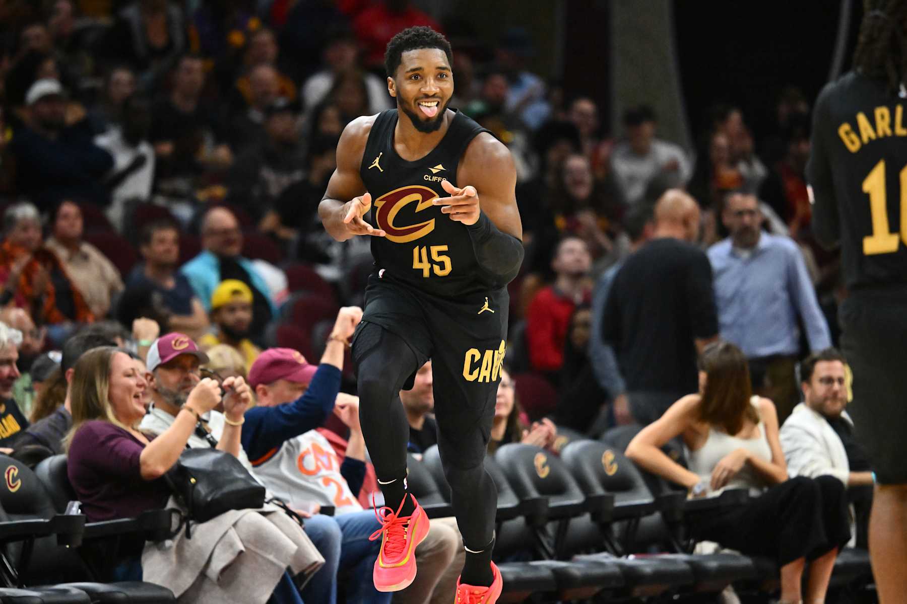 CLEVELAND, OHIO - OCTOBER 30: Donovan Mitchell #45 of the Cleveland Cavaliers celebrates after scoring during the third quarter against the Los Angeles Lakers at Rocket Mortgage Fieldhouse on October 30, 2024 in Cleveland, Ohio. The Cavaliers defeated the Lakers 134-110. NOTE TO USER: User expressly acknowledges and agrees that, by downloading and or using this photograph, User is consenting to the terms and conditions of the Getty Images License Agreement. (Photo by Jason Miller/Getty Images)
