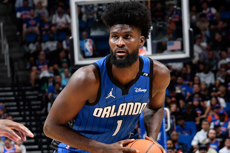 ORLANDO, FL - DECEMBER 27:  Jonathan Isaac #1 of the Orlando Magic handles the ball during the game against the New York Knicks  on December 27, 2024 at Kia Center in Orlando, Florida. NOTE TO USER: User expressly acknowledges and agrees that, by downloading and or using this photograph, User is consenting to the terms and conditions of the Getty Images License Agreement. Mandatory Copyright Notice: Copyright 2024 NBAE (Photo by Fernando Medina/NBAE via Getty Images)