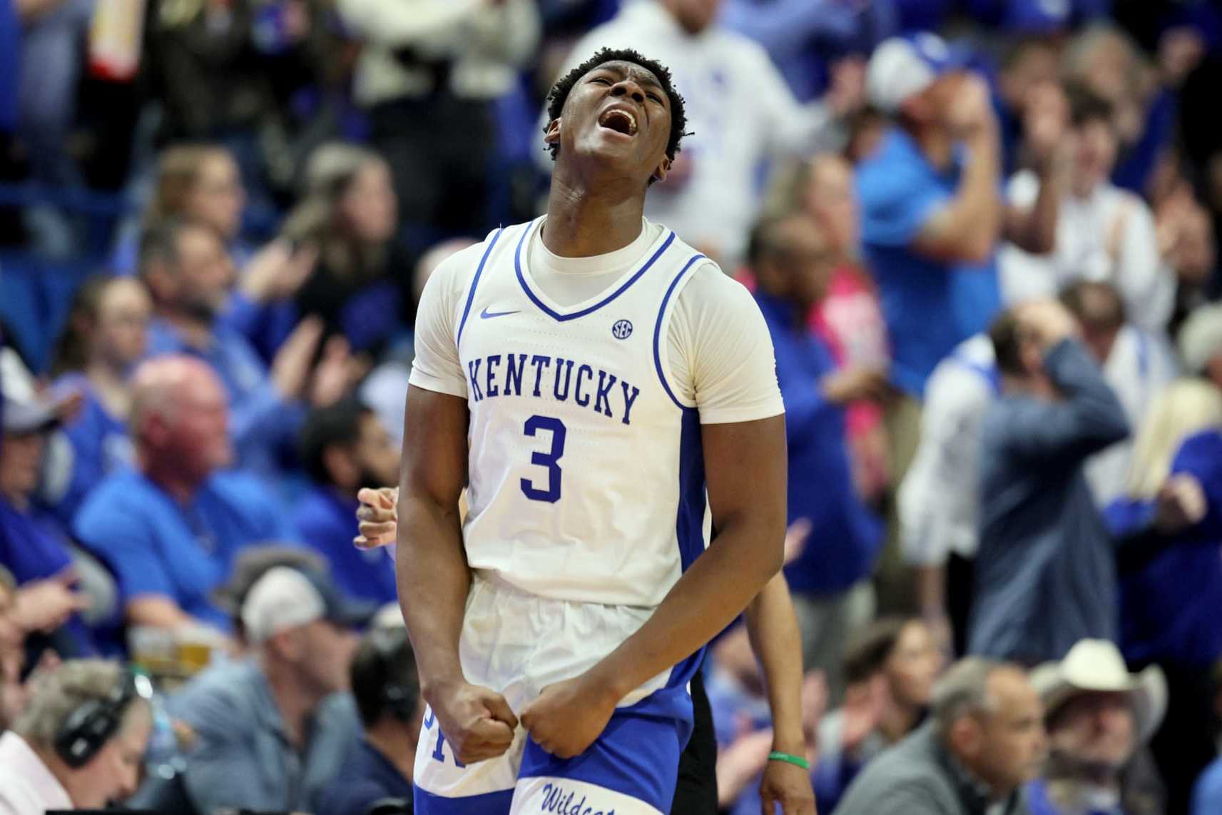 LEXINGTON, KENTUCKY - FEBRUARY 10: Adou Thiero #3 of the Kentucky Wildcats celebrates in the second half against the Gonzaga Bulldogs at Rupp Arena on February 10, 2024 in Lexington, Kentucky. (Photo by Andy Lyons/Getty Images)