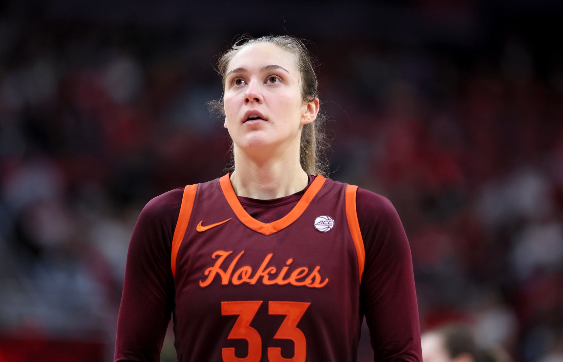 LOUISVILLE, KENTUCKY - FEBRUARY 18:   Elizabeth Kitley #33 of the Virginia Tech Hokies in the game against the Louisville Cardinals at KFC YUM! Center on February 18, 2024 in Louisville, Kentucky. (Photo by Andy Lyons/Getty Images)