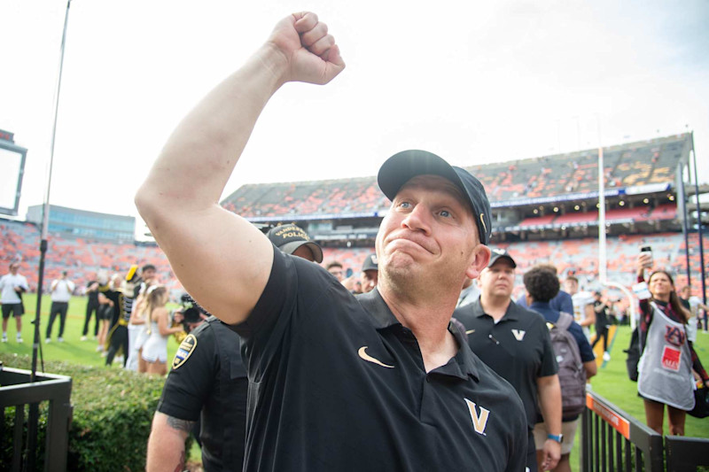 AUBURN, ALABAMA - NOVEMBER 02: Head coach Clark Lea of the Vanderbilt Commodores celebrates after defeating the Auburn Tigers at Jordan-Hare Stadium on November 02, 2024 in Auburn, Alabama. (Photo by Michael Chang/Getty Images)