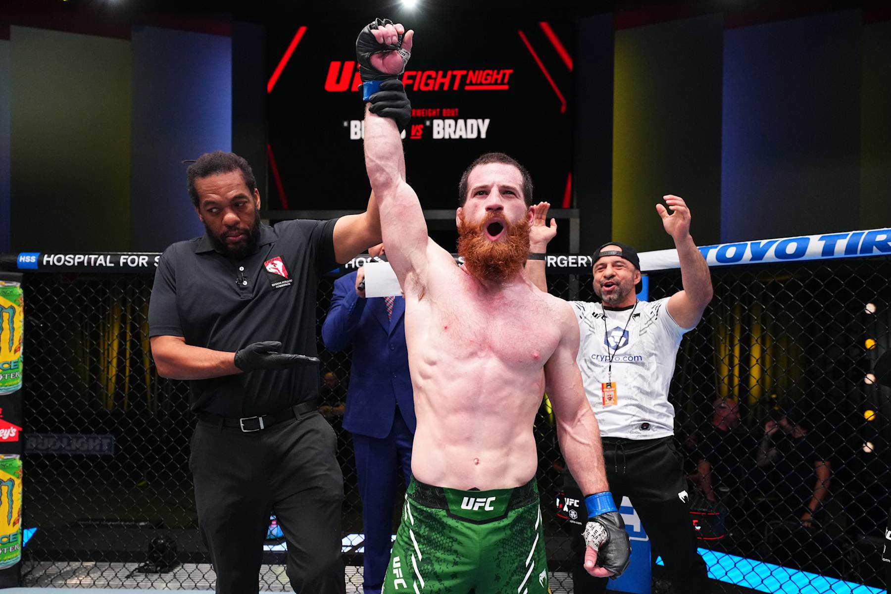 LAS VEGAS, NEVADA - SEPTEMBER 07: Yanal Ashmouz of Israel reacts after his victory against Trevor Peek in a lightweight fight during the UFC Fight Night event at UFC APEX on September 07, 2024 in Las Vegas, Nevada. (Photo by Chris Unger/Zuffa LLC via Getty Images)