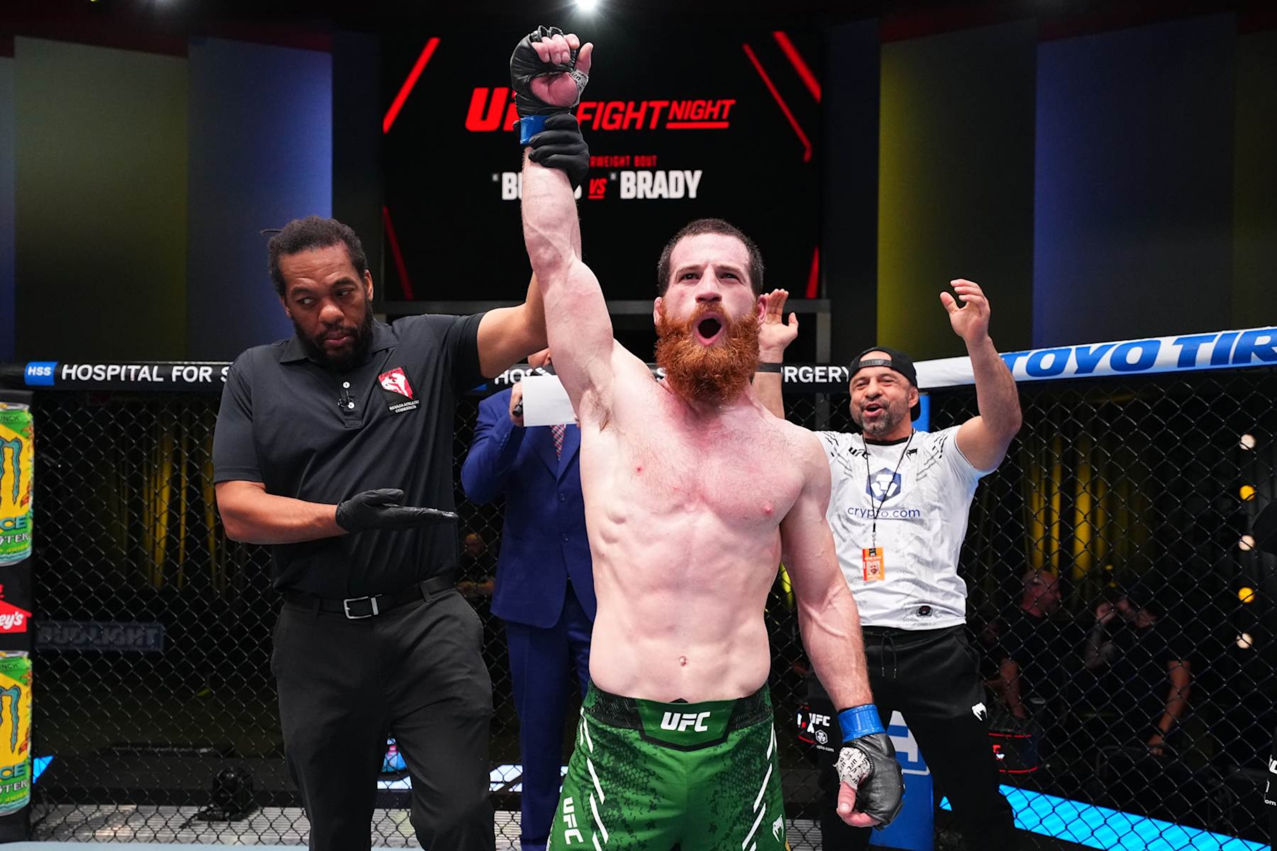 LAS VEGAS, NEVADA - SEPTEMBER 07: Yanal Ashmouz of Israel reacts after his victory against Trevor Peek in a lightweight fight during the UFC Fight Night event at UFC APEX on September 07, 2024 in Las Vegas, Nevada. (Photo by Chris Unger/Zuffa LLC via Getty Images)