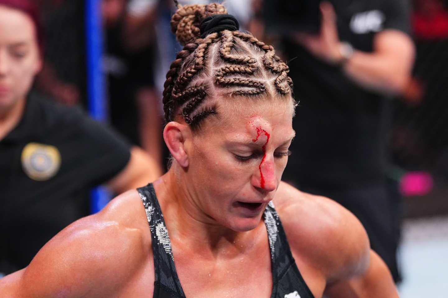 SALT LAKE CITY, UTAH - OCTOBER 05: Kayla Harrison reacts after the second round against Ketlen Vieira of Brazil in a bantamweight fight during the UFC 307 event at Delta Center on October 05, 2024 in Salt Lake City, Utah. (Photo by Jeff Bottari/Zuffa LLC)