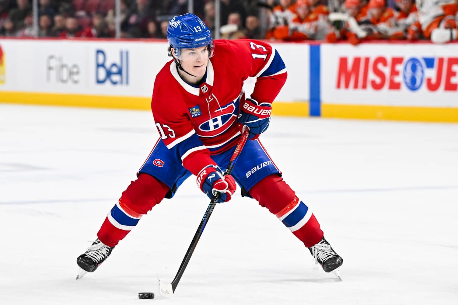 MONTREAL, CANADA - DECEMBER 09: Cole Caufield #13 of the Montreal Canadiens skates the puck during overtime against the Anaheim Ducks at the Bell Centre on December 9, 2024 in Montreal, Quebec, Canada. The Montreal Canadiens defeated the Anaheim Ducks 3-2 in a shootout. (Photo by Minas Panagiotakis/Getty Images)