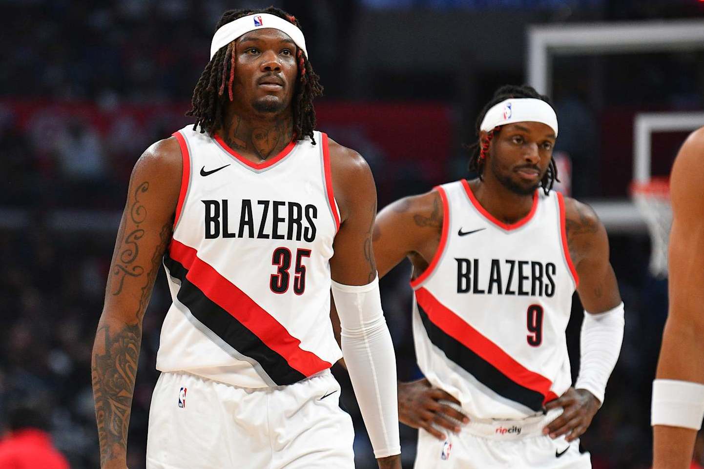 LOS ANGELES, CA - OCTOBER 25: Portland Trail Blazers center Robert Williams III (35) and Portland Trail Blazers forward Jerami Grant (9) look on during a NBA game between the Denver Nuggets and the Portland Trail Blazers on October 25, 2023 at Crypto.com Arena in Los Angeles, CA. (Photo by Brian Rothmuller/Icon Sportswire via Getty Images)