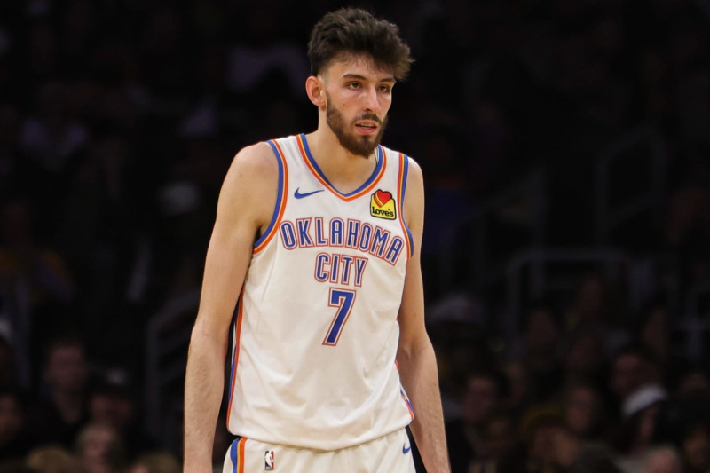 LOS ANGELES, CA - MARCH 4: Chet Holmgren #7 of the Oklahoma City Thunder looks on during the game against the Los Angeles Lakers on March 4, 2024 at Crypto.Com Arena in Los Angeles, California. NOTE TO USER: User expressly acknowledges and agrees that, by downloading and/or using this Photograph, user is consenting to the terms and conditions of the Getty Images License Agreement. Mandatory Copyright Notice: Copyright 2024 NBAE (Photo by Jim Poorten/NBAE via Getty Images)