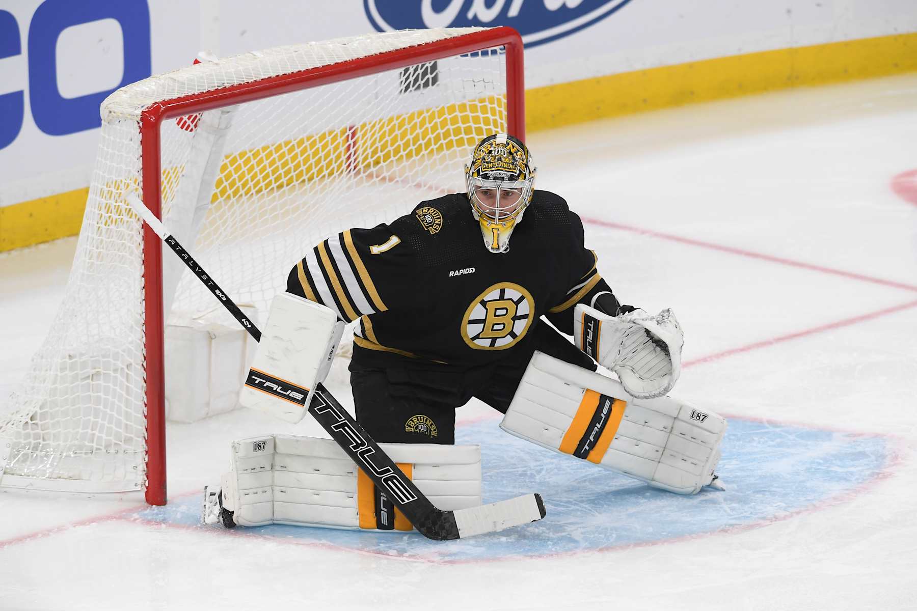 BOSTON, MASSACHUSETTS - NOVEMBER 30: Jeremy Swayman #1 of the Boston Bruins in the net against the San Jose Sharks on November 30, 2023 at the TD Garden in Boston, Massachusetts. (Photo by Steve Babineau/NHLI via Getty Images)