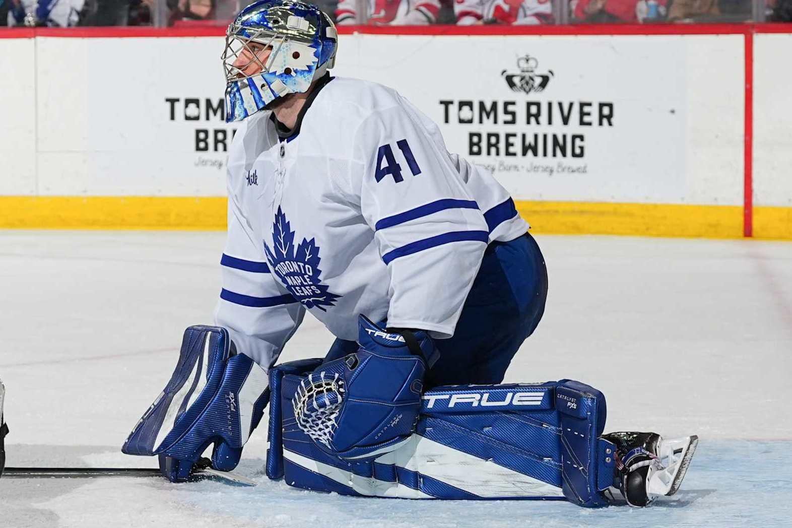 NEWARK, NJ - DECEMBER 10: Anthony Stolarz #41 of the Toronto Maple Leafs defends his net in the third period of the game against the New Jersey Devils at the Prudential Center on December 10, 2024 in Newark, New Jersey. (Photo by Rich Graessle/NHLI via Getty Images)