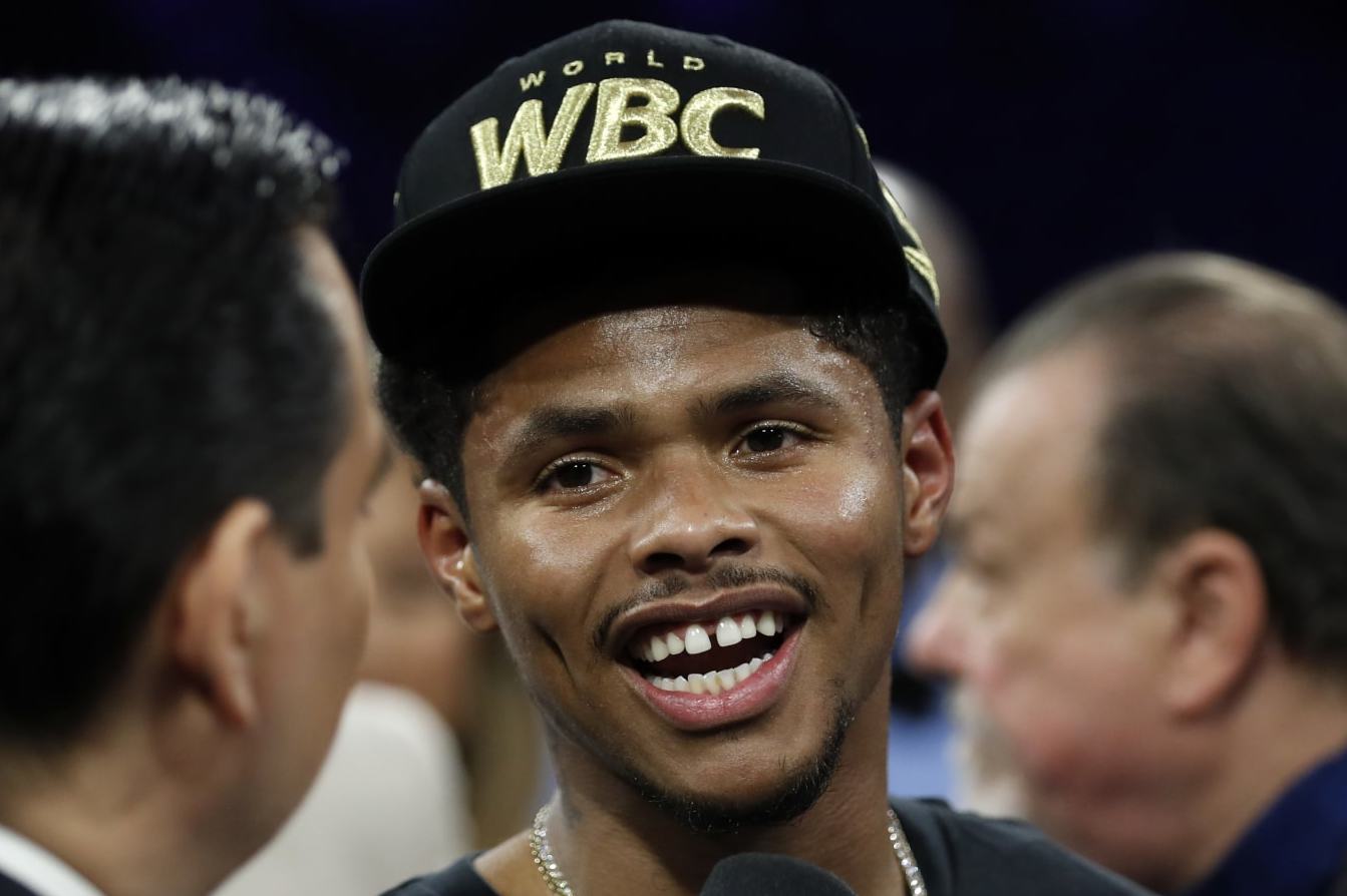 LAS VEGAS, NEVADA - NOVEMBER 16: Shakur Stevenson is interviewed in the ring after defeating Edwin De Los Santos in a fight for a vacant WBC lightweight title on November 16, 2023 in Las Vegas, Nevada. Stevenson won the vacant title by unanimous decision. (Photo by Steve Marcus/Getty Images)
