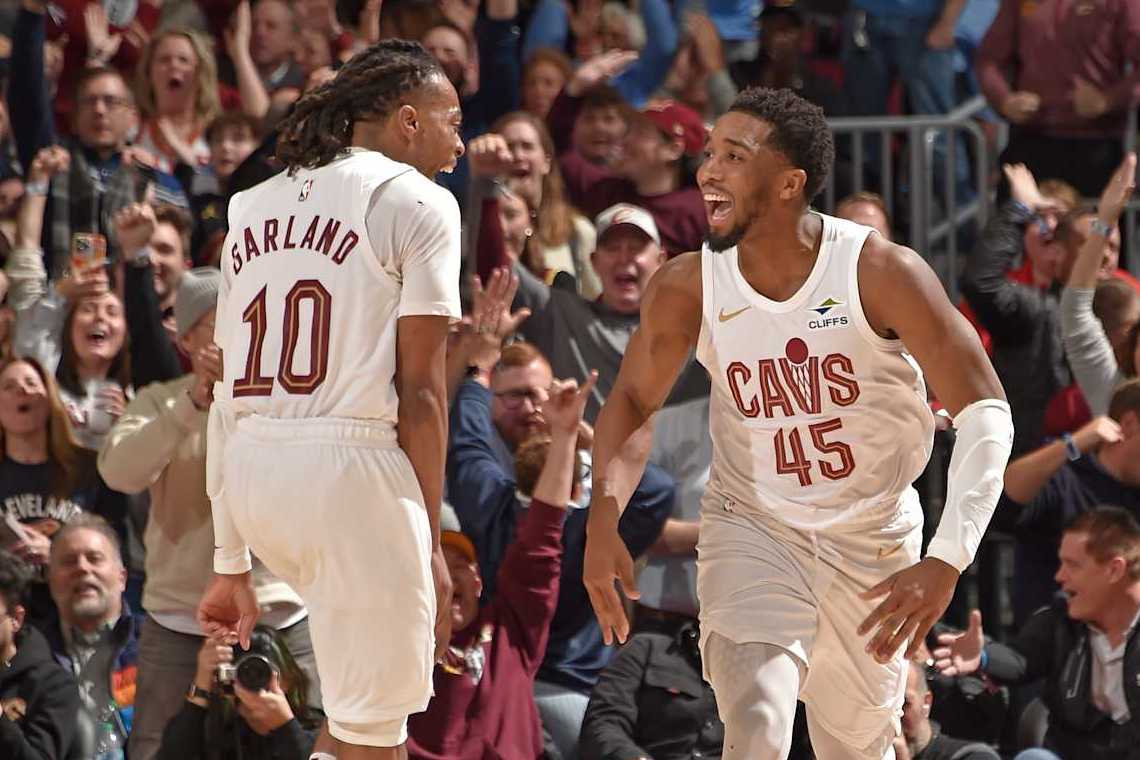CLEVELAND, OH - JANUARY 8: Darius Garland #10 and Donovan Mitchell #45 of the Cleveland Cavaliers celebrates during the game against the Oklahoma City Thunder on January 8, 2025 at Rocket Mortgage FieldHouse in Cleveland, Ohio. NOTE TO USER: User expressly acknowledges and agrees that, by downloading and/or using this Photograph, user is consenting to the terms and conditions of the Getty Images License Agreement. Mandatory Copyright Notice: Copyright 2025 NBAE (Photo by David Liam Kyle/NBAE via Getty Images)
