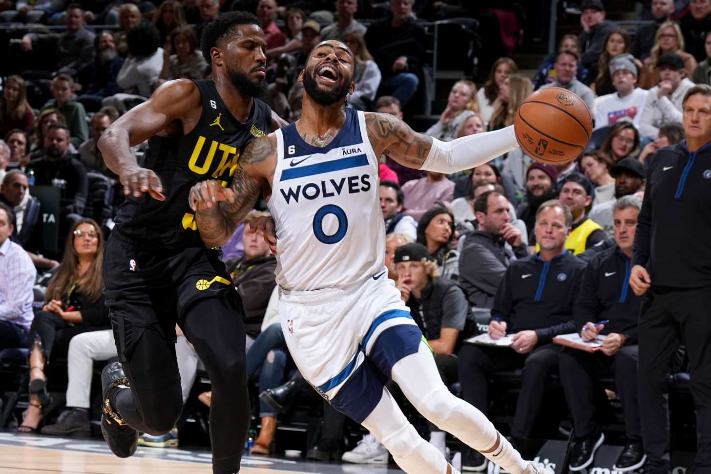 SALT LAKE CITY, UT - DECEMBER 9: D'Angelo Russell #0 of the Minnesota Timberwolves dribbles the ball during the game against the Utah Jazz on December 9, 2022 at vivint.SmartHome Arena in Salt Lake City, Utah. NOTE TO USER: User expressly acknowledges and agrees that, by downloading and or using this Photograph, User is consenting to the terms and conditions of the Getty Images License Agreement. Mandatory Copyright Notice: Copyright 2022 NBAE (Photo by Garrett Ellwood/NBAE via Getty Images) SALT LAKE CITY, UT - DECEMBER 9: D'Angelo Russell #0 of the Minnesota Timberwolves dribbles the ball during the game against the Utah Jazz on December 9, 2022 at vivint.SmartHome Arena in Salt Lake City, Utah. NOTE TO USER: User expressly acknowledges and agrees that, by downloading and or using this Photograph, User is consenting to the terms and conditions of the Getty Images License Agreement. Mandatory Copyright Notice: Copyright 2022 NBAE (Photo by Garrett Ellwood/NBAE via Getty Images)
