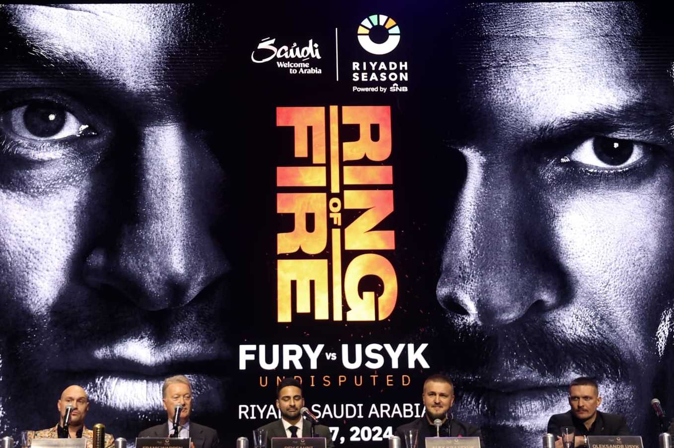 LONDON, ENGLAND - NOVEMBER 16: A general view of a screen advertising the fight behind the fighters, speakers and promoters during the Tyson Fury v Oleksandr Usyk Press Conference at Outernet London on November 16, 2023 in London, England. (Photo by Alex Pantling/Getty Images)
