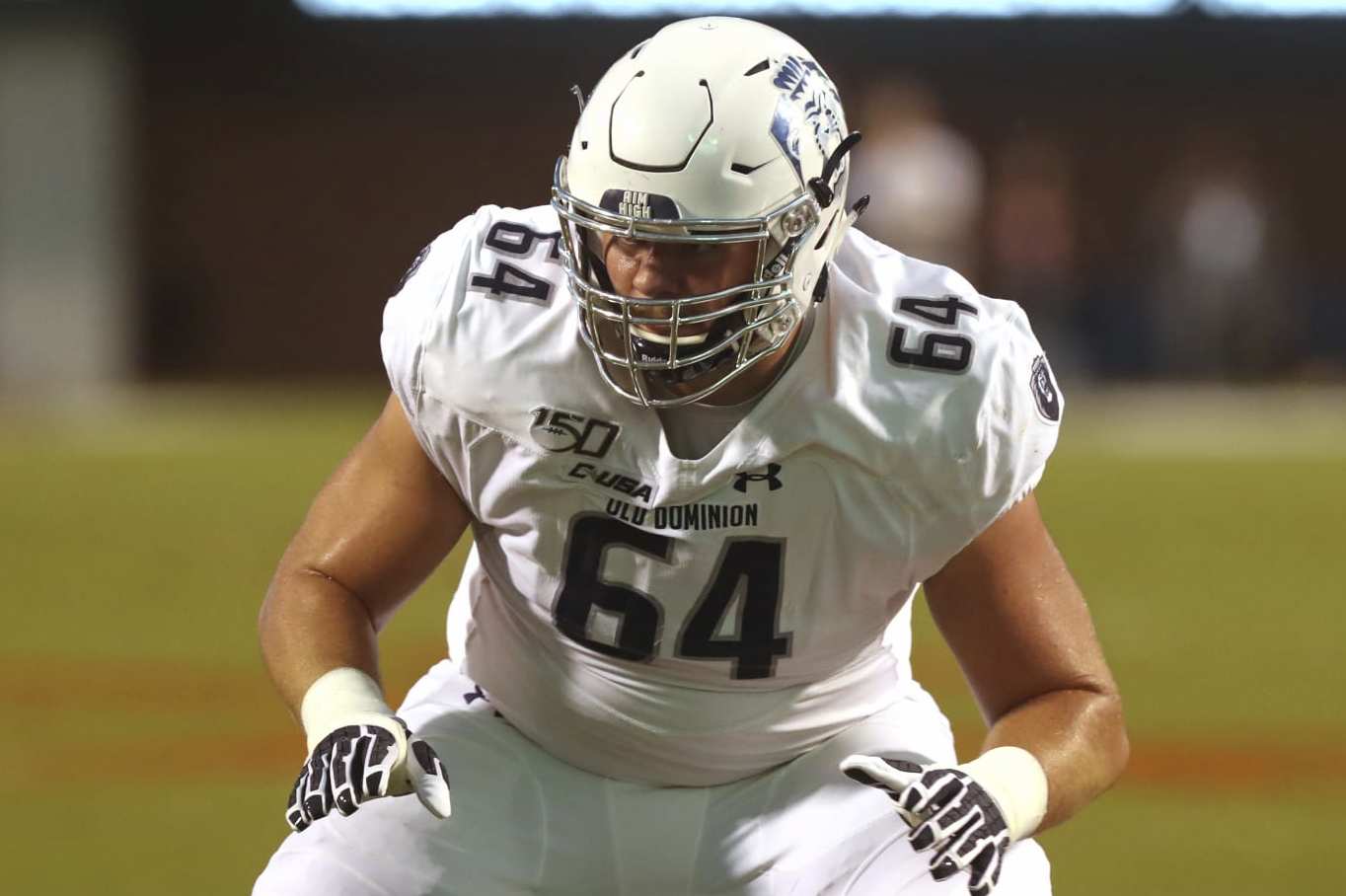 Old Dominion offensive lineman Nick Saldiveri (64) in action during an NCAA football game on Saturday, Sept. 21, 2019 in Charlottesville, Va. (AP Photo/ Andrew Shurtleff)