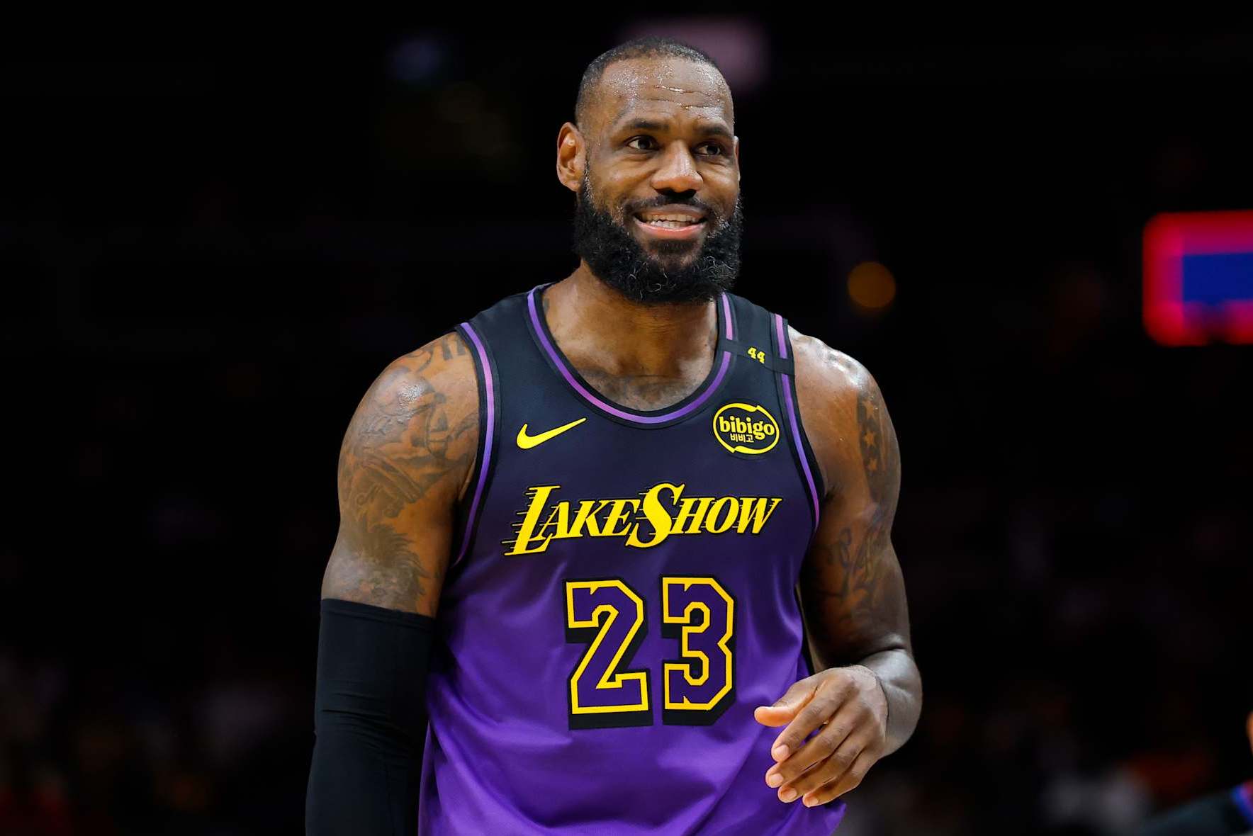 ATLANTA, GEORGIA - DECEMBER 6: LeBron James #23 of the Los Angeles Lakers reacts during the second quarter against the Atlanta Hawks at State Farm Arena on December 6, 2024 in Atlanta, Georgia. NOTE TO USER: User expressly acknowledges and agrees that, by downloading and or using this photograph, User is consenting to the terms and conditions of the Getty Images License Agreement. (Photo by Todd Kirkland/Getty Images)