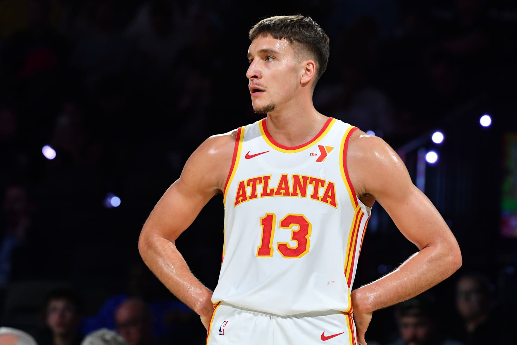 LAS VEGAS, NV - DECEMBER 14: Bogdan Bogdanovic #13 of the Atlanta Hawks looks on during the game against the Milwaukee Bucks during the Emirates NBA Cup Semifinal game on December 14, 2024 at T-Mobile Arena in Las Vegas, Nevada. NOTE TO USER: User expressly acknowledges and agrees that, by downloading and/or using this Photograph, user is consenting to the terms and conditions of the Getty Images License Agreement. Mandatory Copyright Notice: Copyright 2024 NBAE (Photo by Juan Ocampo/NBAE via Getty Images)