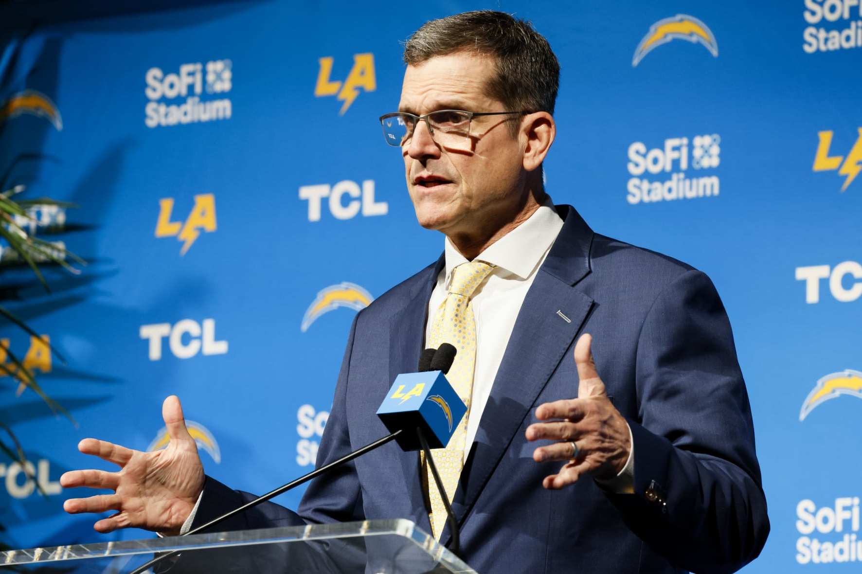 INGLEWOOD, CA - FEBRUARY 01: New Los Angeles Chargers Head Coach Jim Harbaugh speaks during his introductory press conference for at YouTube Theater in Inglewood Thursday, Feb. 1, 2024. (Allen J. Schaben / Los Angeles Times via Getty Images)