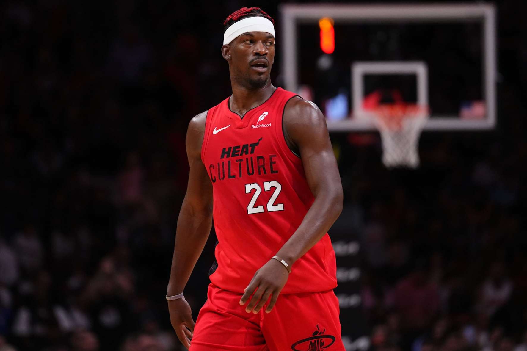 MIAMI, FLORIDA - NOVEMBER 24: Jimmy Butler #22 of the Miami Heat looks on against the Dallas Mavericks during overtime at Kaseya Center on November 24, 2024 in Miami, Florida. NOTE TO USER: User expressly acknowledges and agrees that, by downloading and or using this photograph, User is consenting to the terms and conditions of the Getty Images License Agreement. (Photo by Rich Storry/Getty Images)
