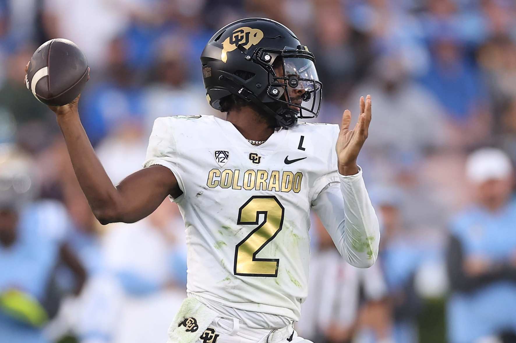 PASADENA, CALIFORNIA - OCTOBER 28: Shedeur Sanders #2 of the Colorado Buffaloes passes the ball during the first half of a game against the UCLA Bruins at Rose Bowl Stadium on October 28, 2023 in Pasadena, California. (Photo by Sean M. Haffey/Getty Images)