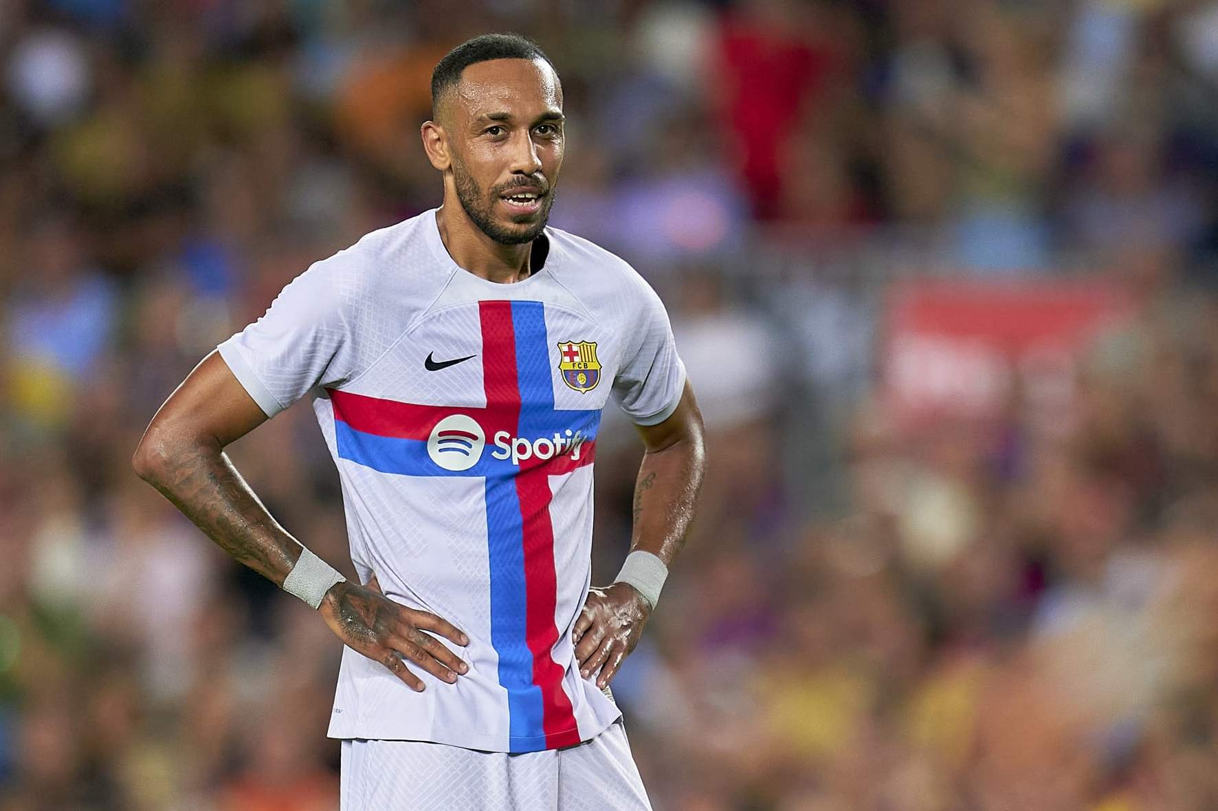 BARCELONA, SPAIN - AUGUST 24: Pierre-Emerick Aubameyang of FC Barcelona looks on during the friendly match between FC Barcelona and Manchester City at Spotify Camp Nou on August 24, 2022 in Barcelona, Spain. (Photo by Pedro Salado/Quality Sport Images/Getty Images)