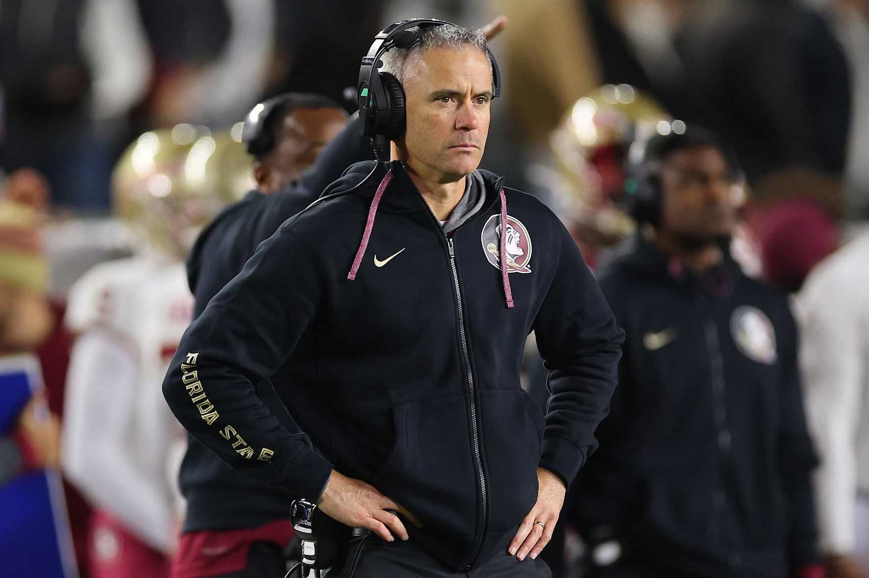 SOUTH BEND, INDIANA - NOVEMBER 09: Head coach Mike Norvell of the Florida State Seminoles reacts against the Notre Dame Fighting Irish during the second half at Notre Dame Stadium on November 09, 2024 in South Bend, Indiana. (Photo by Michael Reaves/Getty Images)